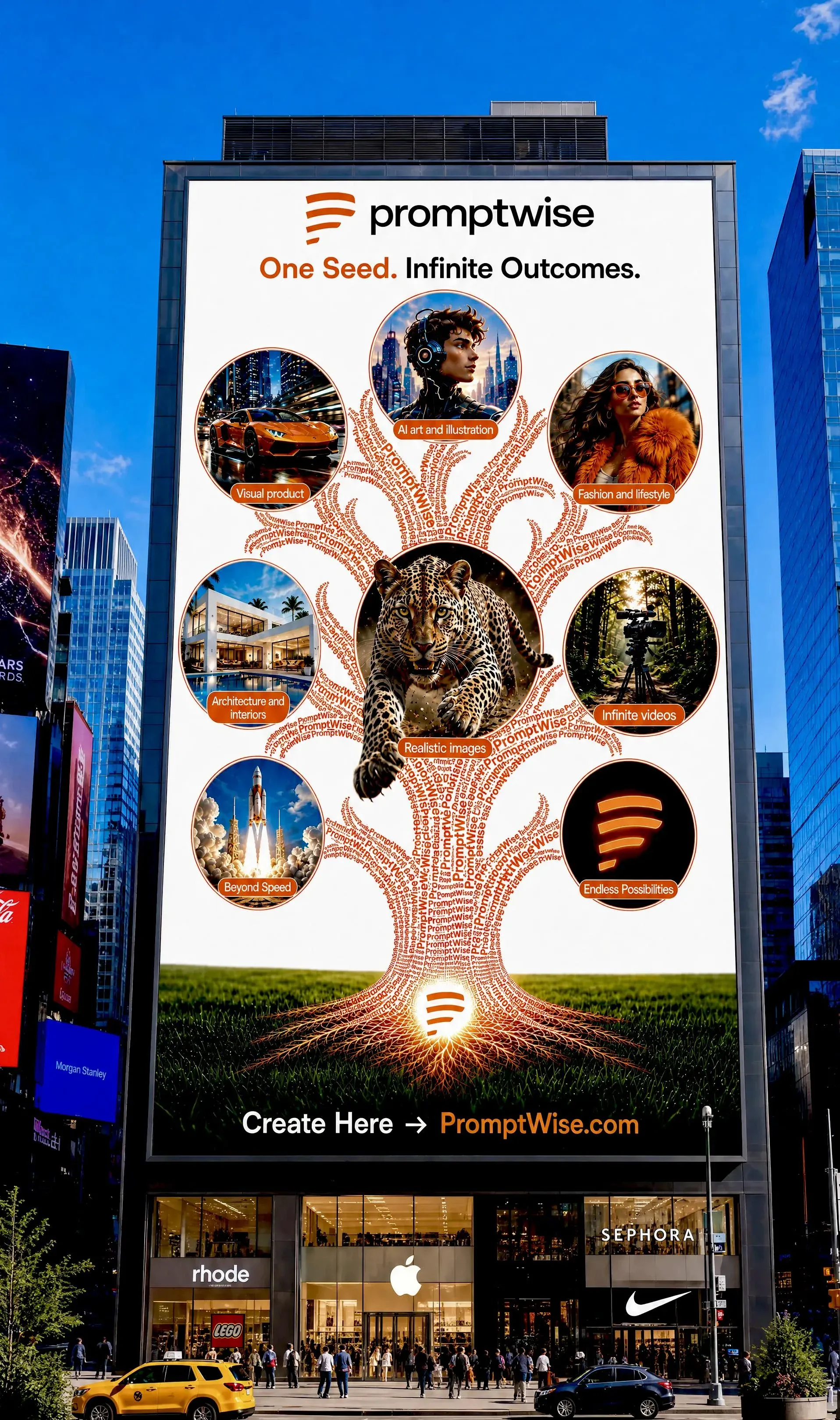 AI-generated PromptWise ad submission by Mary Kumax showing what she made inside PromptWise for the Times Square Ad Challenge