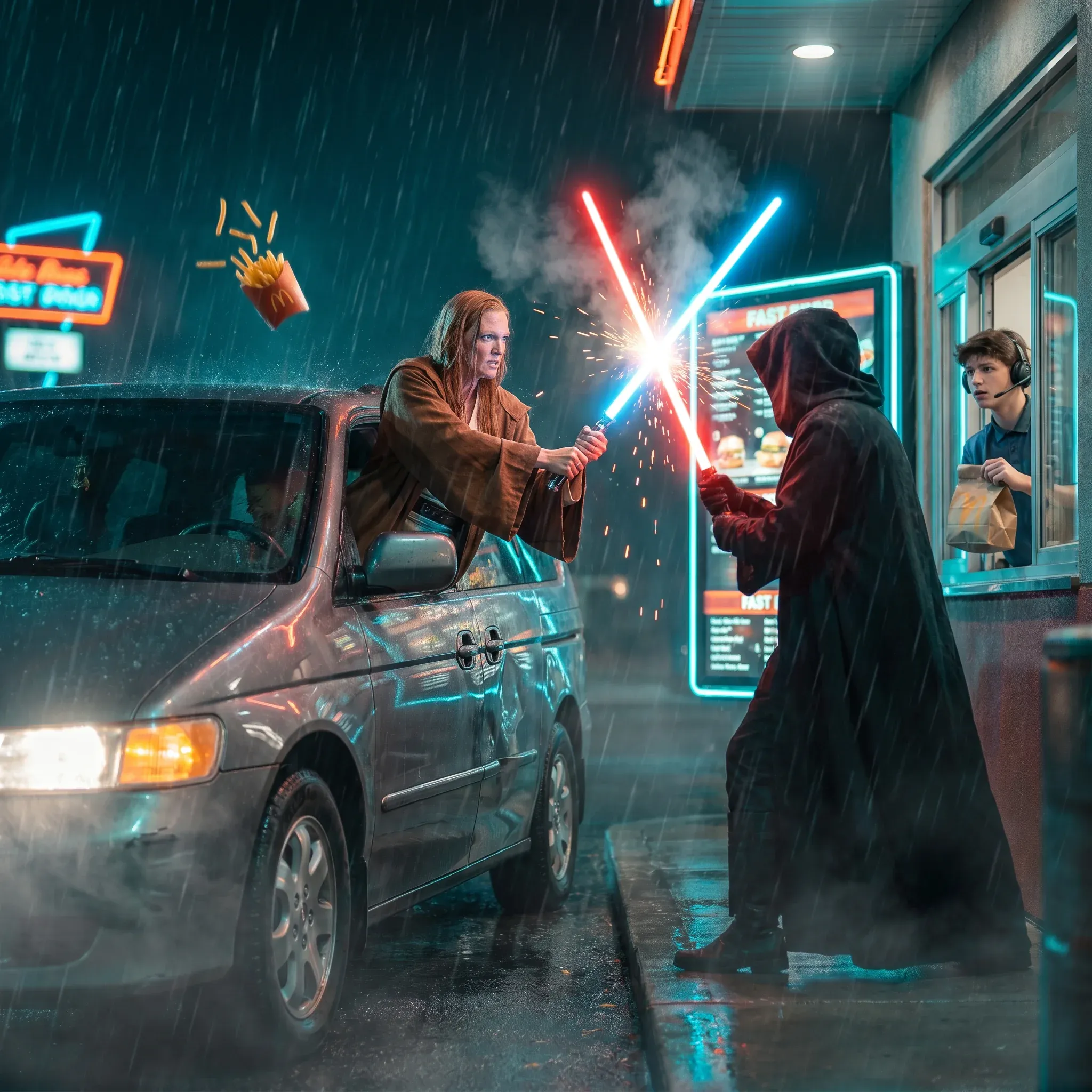 Two Jedi having a lightsaber duel, one blue and one red, at a fast-food drive-thru window in heavy rain, French fries and sparks flying through the air