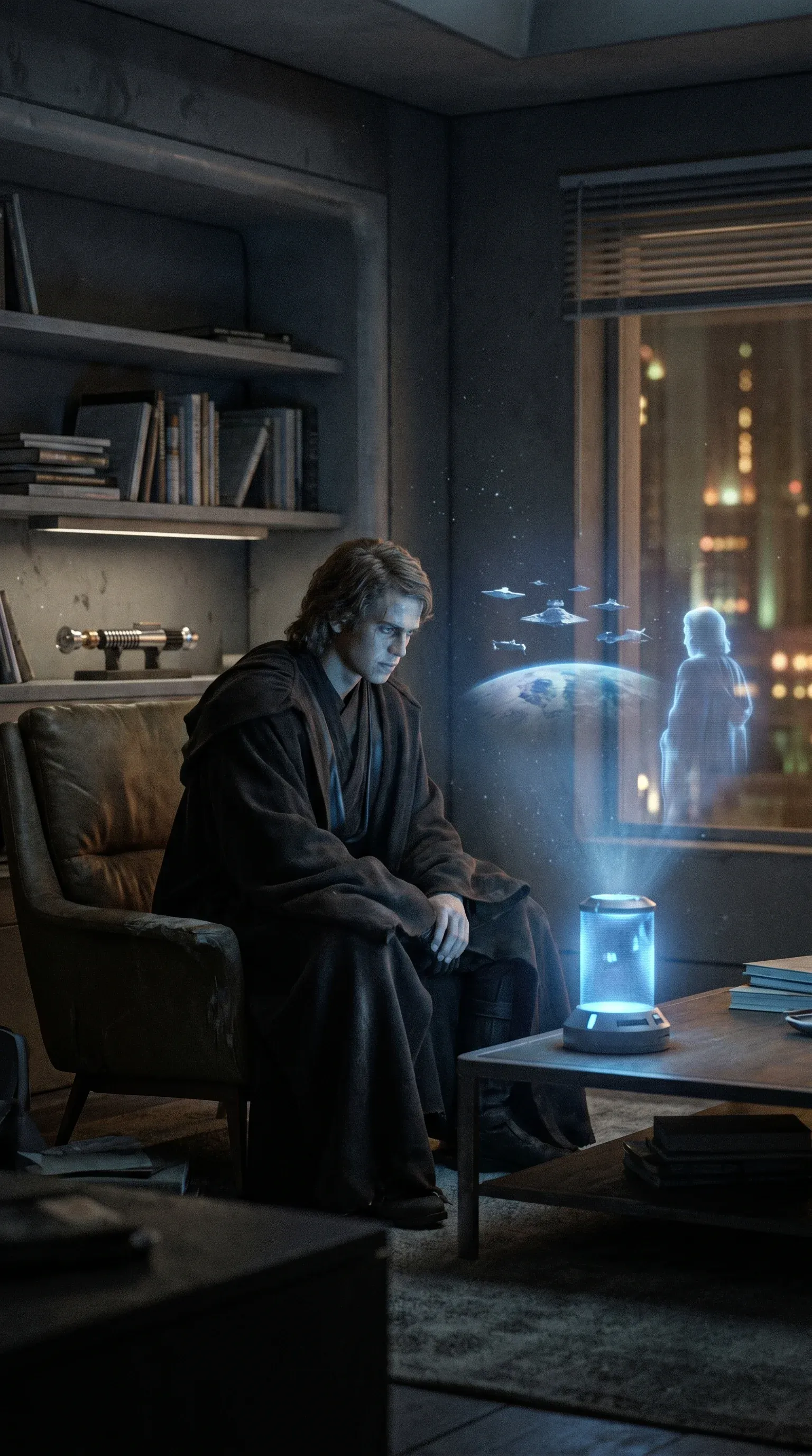 Anakin Skywalker in dark robes sitting alone in a dim Coruscant apartment, brooding over a glowing holographic projection of figures and a planet by the window