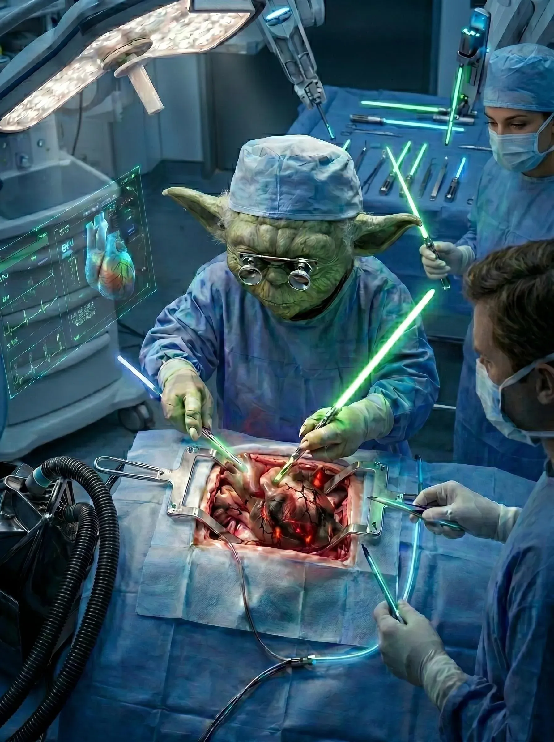 Yoda dressed as a surgeon performing an operation in a high-tech operating theatre, using glowing green lightsaber-bladed surgical instruments alongside a human assistant