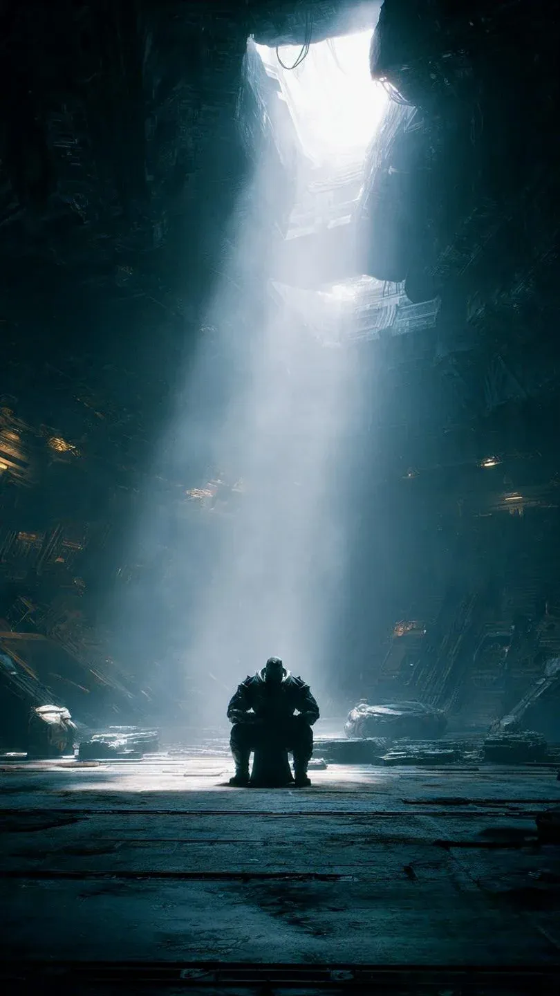 A lone armored figure kneeling on the floor of a vast dark mechanical chamber as a single shaft of bright light pours down from a circular opening above