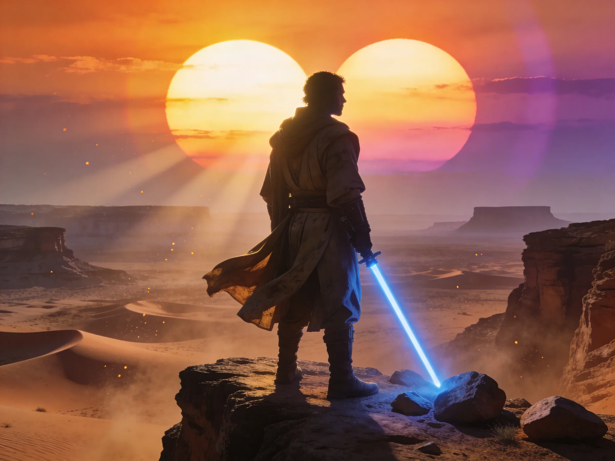 A lone Jedi standing on a desert outcrop at sunset holding a blue lightsaber, with the twin suns of Tatooine setting over canyon mesas in the distance