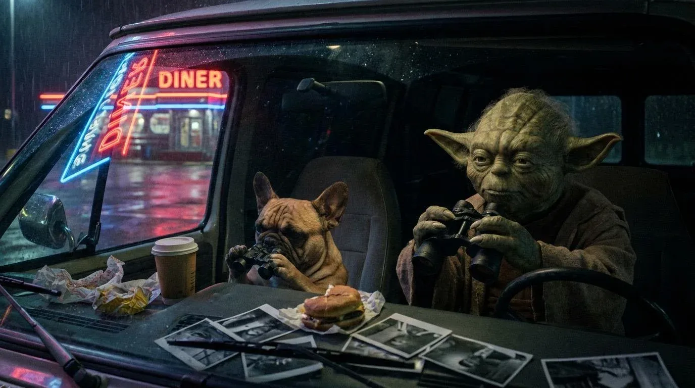 Yoda and a French bulldog sitting in a parked car at night during heavy rain, both holding binoculars on a stakeout near a glowing red Diner neon sign