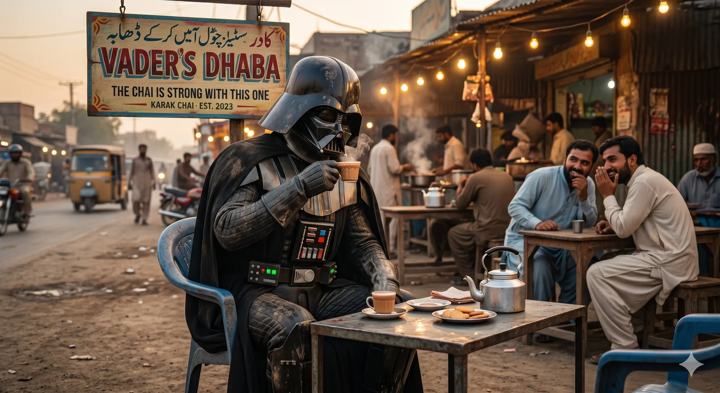 Darth Vader sitting on a plastic chair at a roadside chai stall in Pakistan called Vaders Dhaba, holding a teacup with locals sharing tea at a nearby table