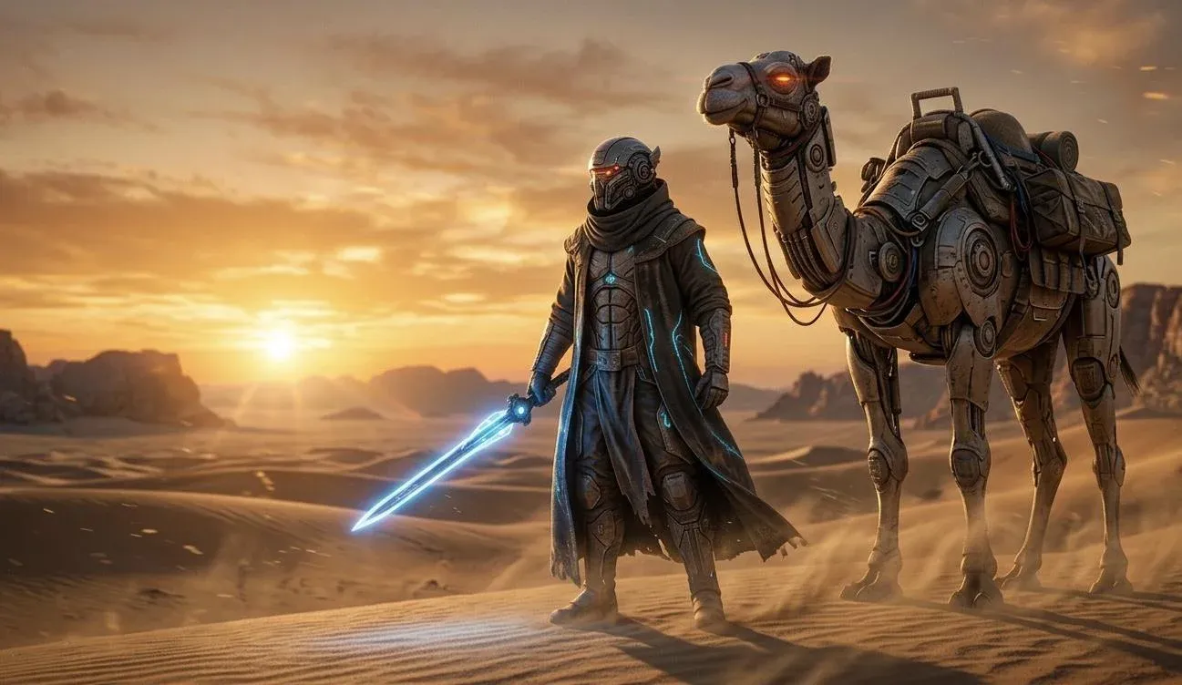 A robed sci-fi warrior with a glowing blue energy sword standing in a sunset desert beside a fully mechanical robot camel with armoured plating and red glowing eyes