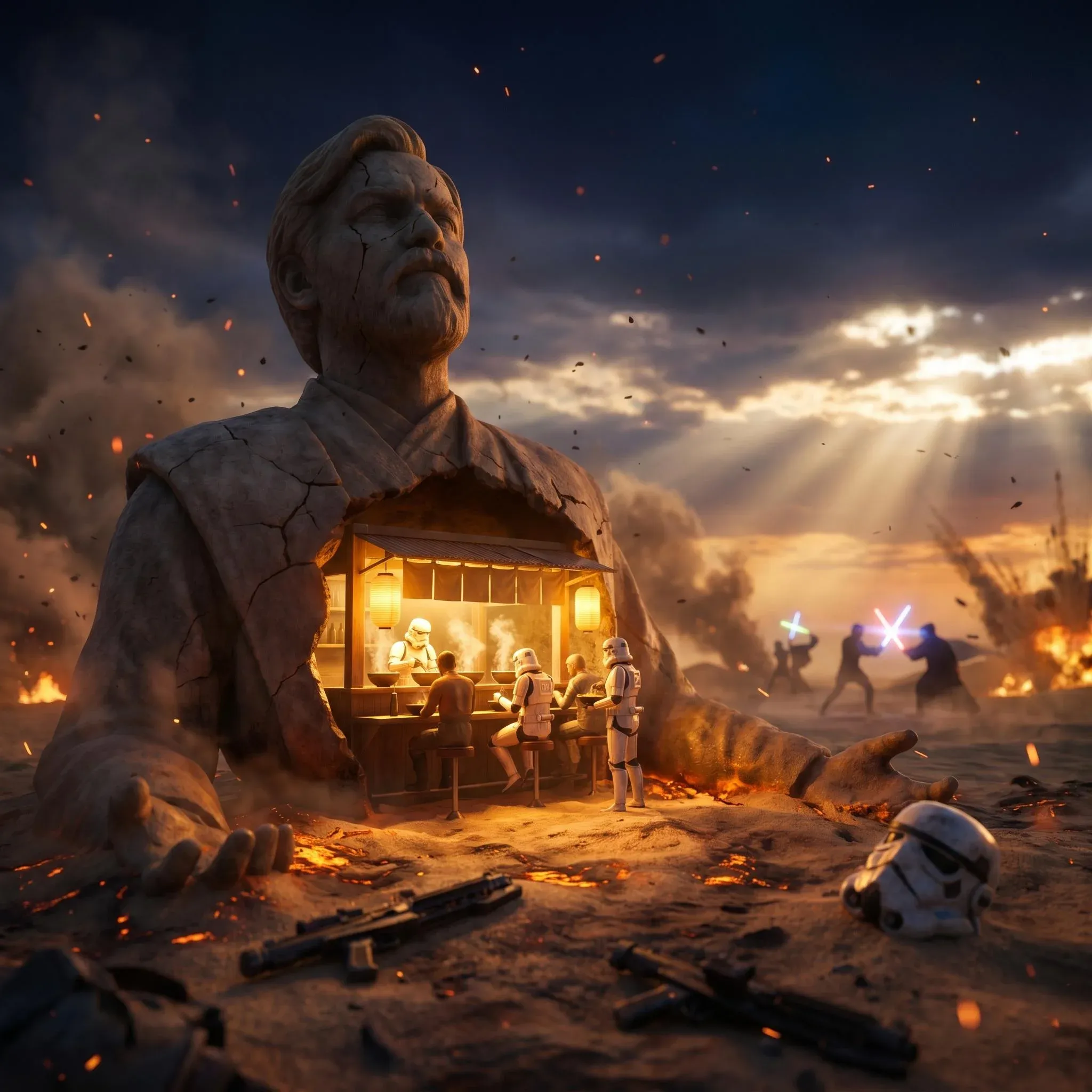 A massive cracked sandstone bust of Obi-Wan Kenobi half-buried in desert sand, with a lit-up ramen shop built into a cavity in the chest, stormtroopers eating noodles inside while a distant lightsaber duel rages on the horizon