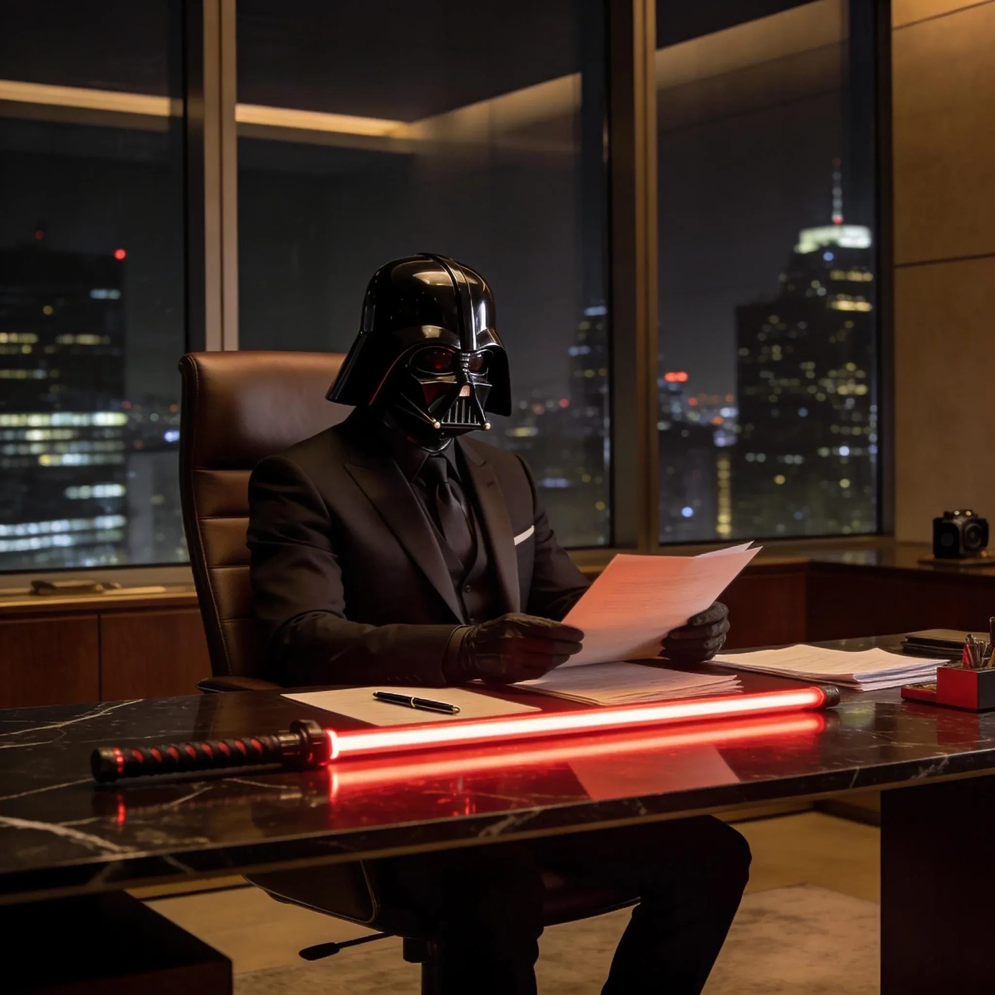 Darth Vader sitting in a leather executive chair at a marble desk in a high-rise corporate office at night, reviewing paperwork with a glowing red lightsaber laid horizontally on the desk
