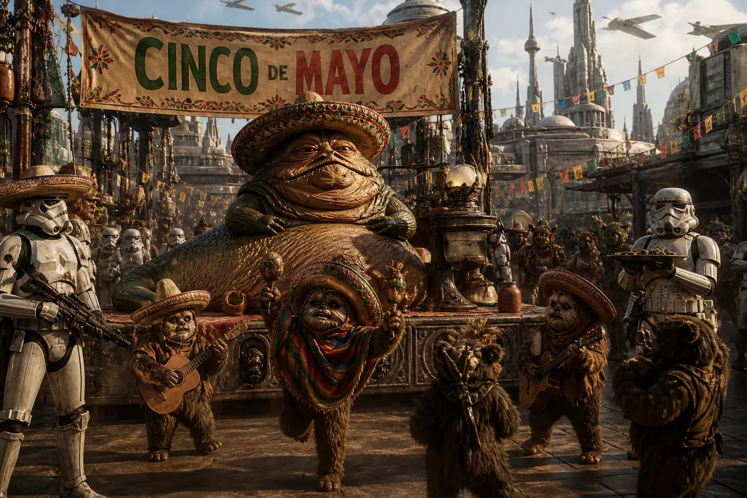 Stormtroopers and Ewoks dressed in sombreros parading through a Cinco de Mayo carnival on Coruscant, with Jabba the Hutt riding a decorated float beneath a Cinco de Mayo banner