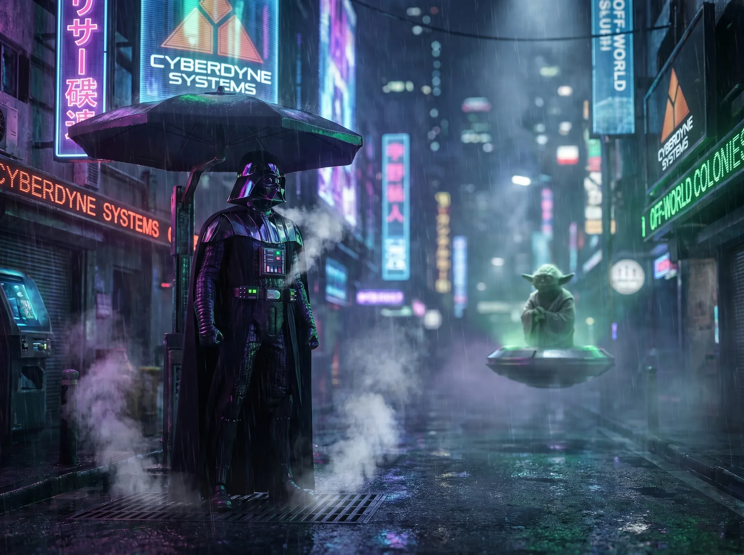 Darth Vader holding a black umbrella in heavy rain on a neon-lit cyberpunk Tokyo street, facing Yoda meditating on a hover-disc, with Cyberdyne Systems and Off-World Colonies signs glowing overhead