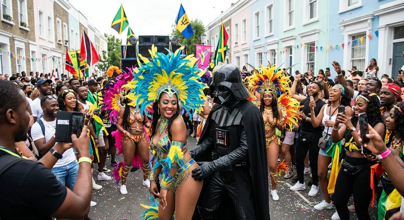 Darth Vader walking with a Caribbean carnival dancer in a feathered headdress and bejeweled outfit during the Notting Hill Carnival, surrounded by a colourful crowd waving Caribbean flags