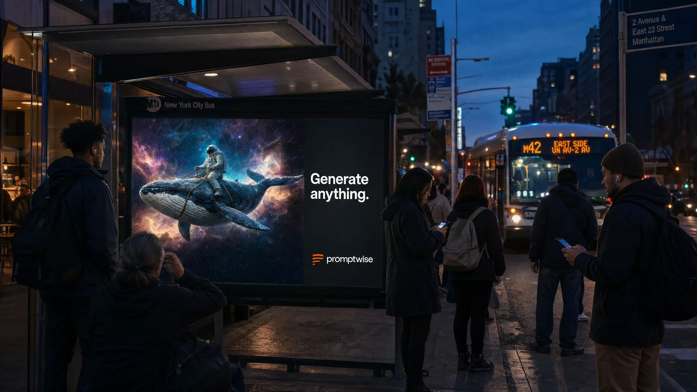 AI-generated PromptWise NYC ad submission by Roland Peacock for the Times Square Ad Challenge