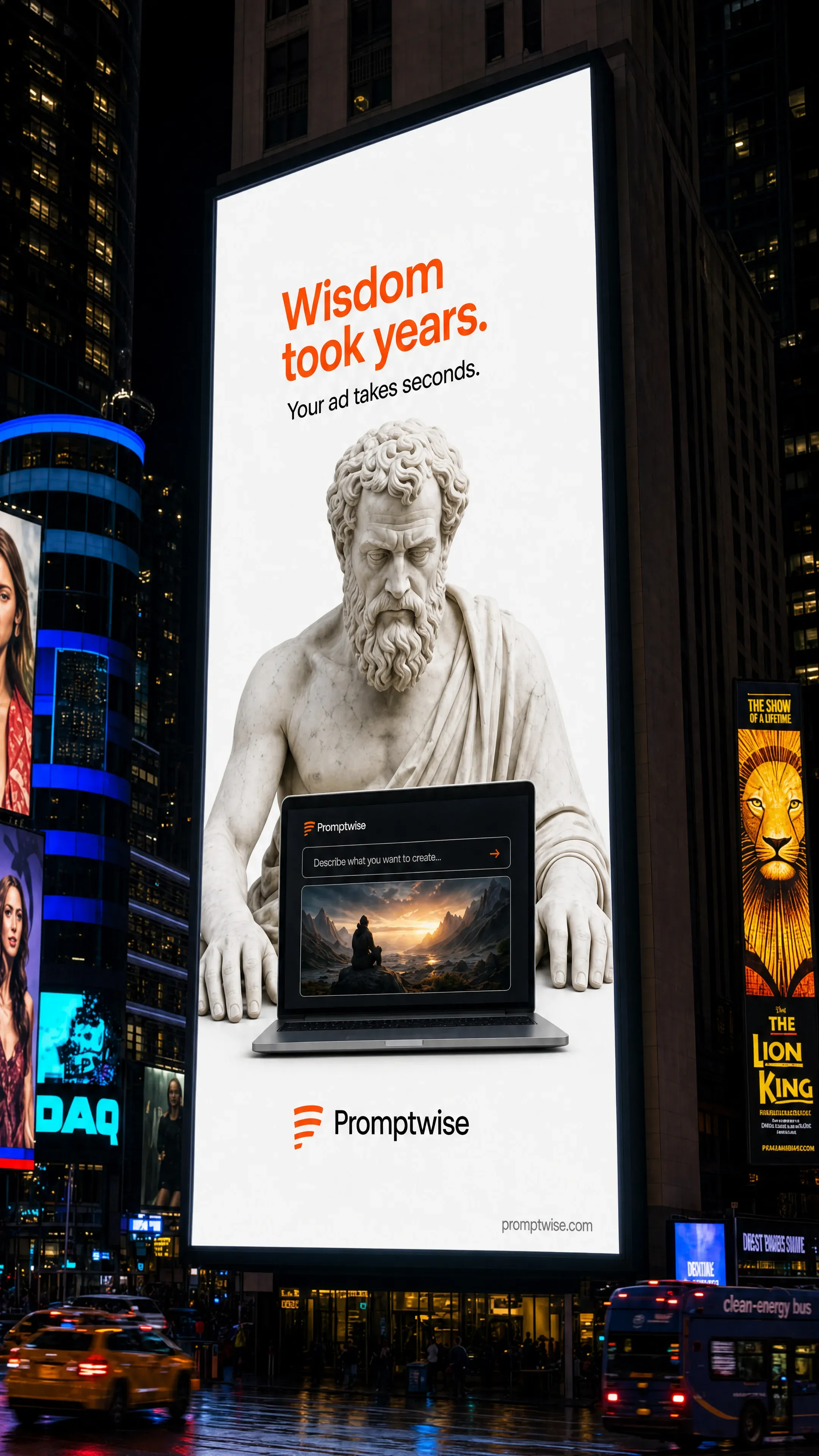 AI-generated PromptWise NYC ad submission by Filip Ribicic for the Times Square Ad Challenge