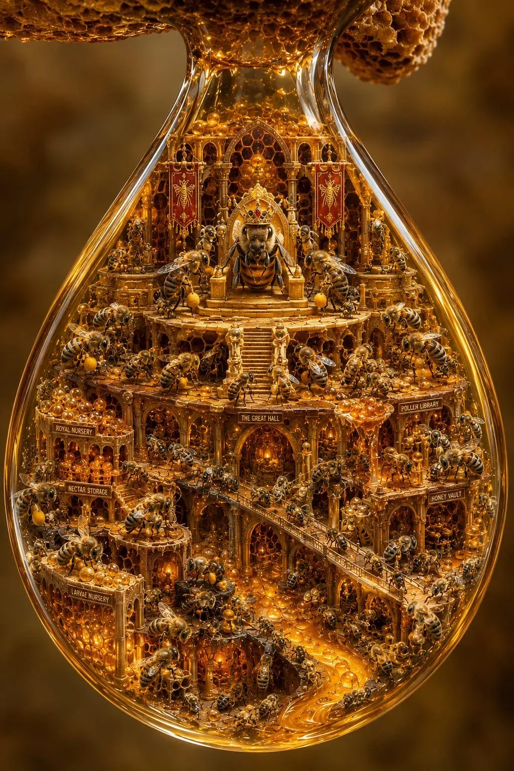Vast intricate bee empire rendered inside a hanging glass honey droplet - thousands of tiny bees in layered golden architecture climbing toward a single enthroned queen at the centre