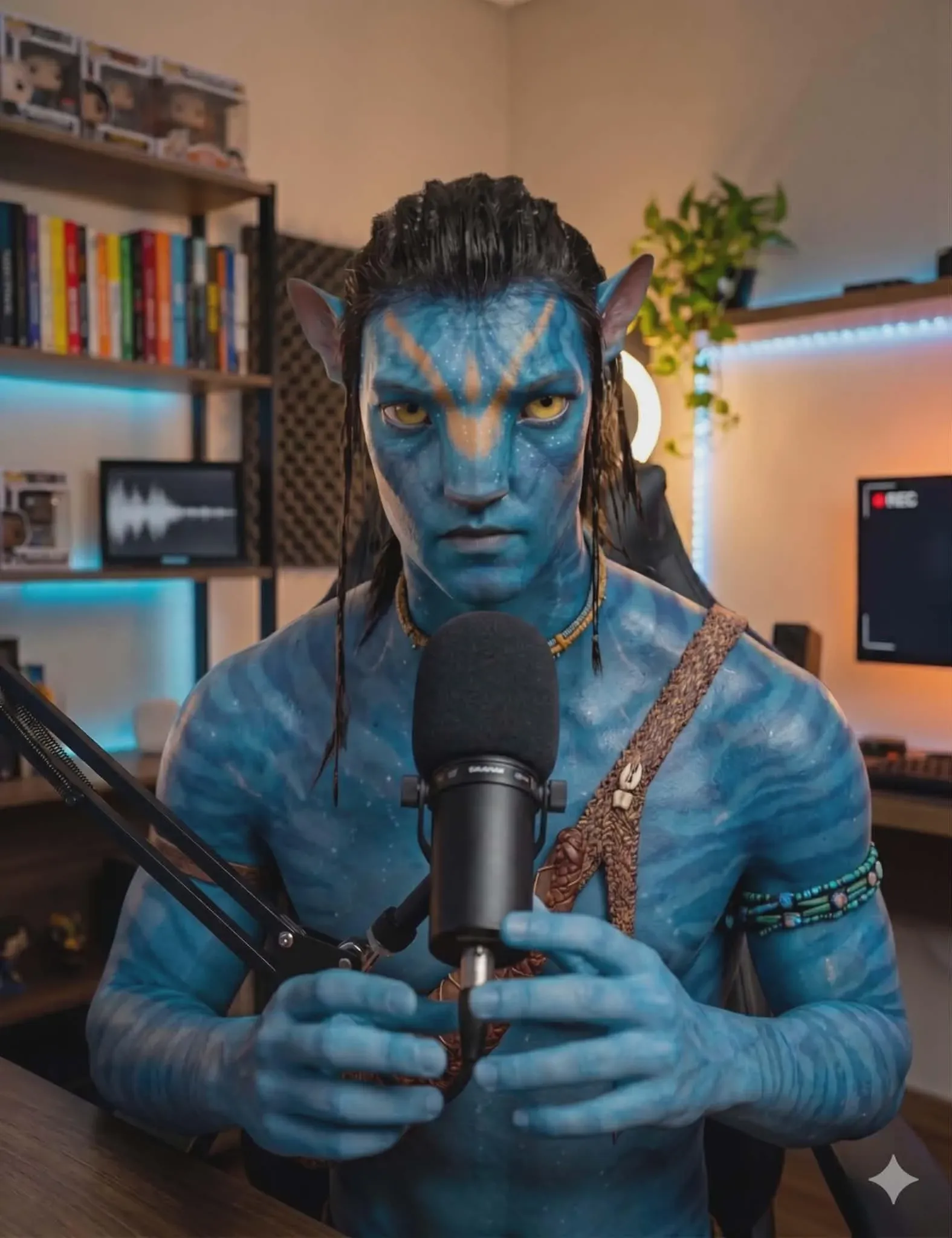Photoreal Avatar Navi blue alien sitting at a home podcast setup behind a microphone, bookshelves and LED-lit gaming chair behind him, recording with intense yellow eyes