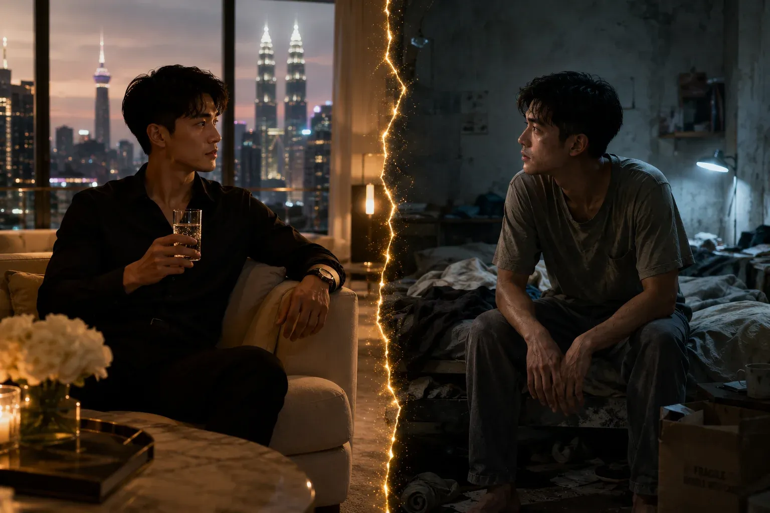 Diptych split-mood portrait of the same Asian man clean-shaven holding wine in a modern apartment with Kuala Lumpur Twin Towers on one side, and the same man unshaven on a messy bed on the other