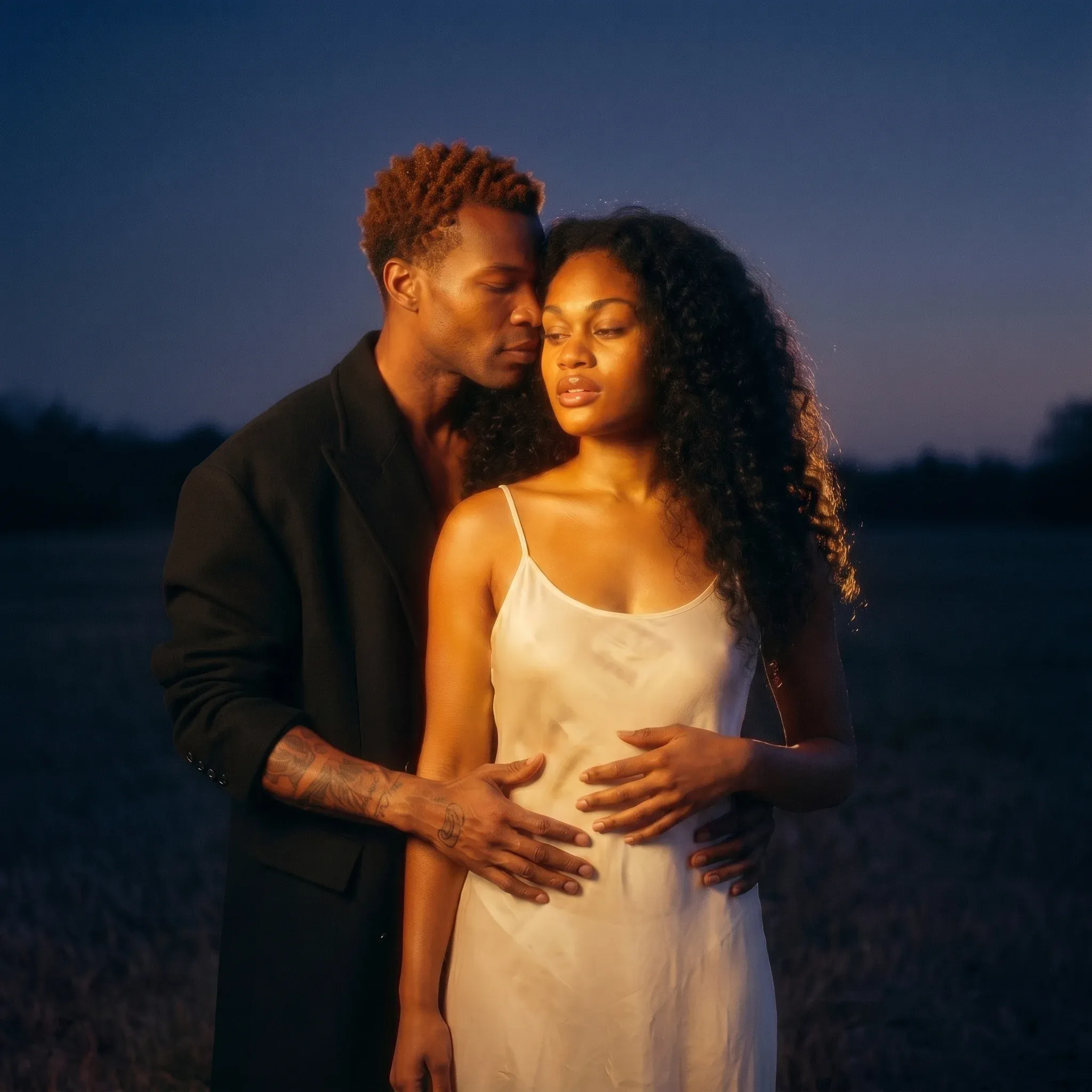 Cinematic dusk portrait of a young couple in a field at blue hour, the man in a black blazer behind the woman in a white satin slip dress, his hands resting gently on her stomach
