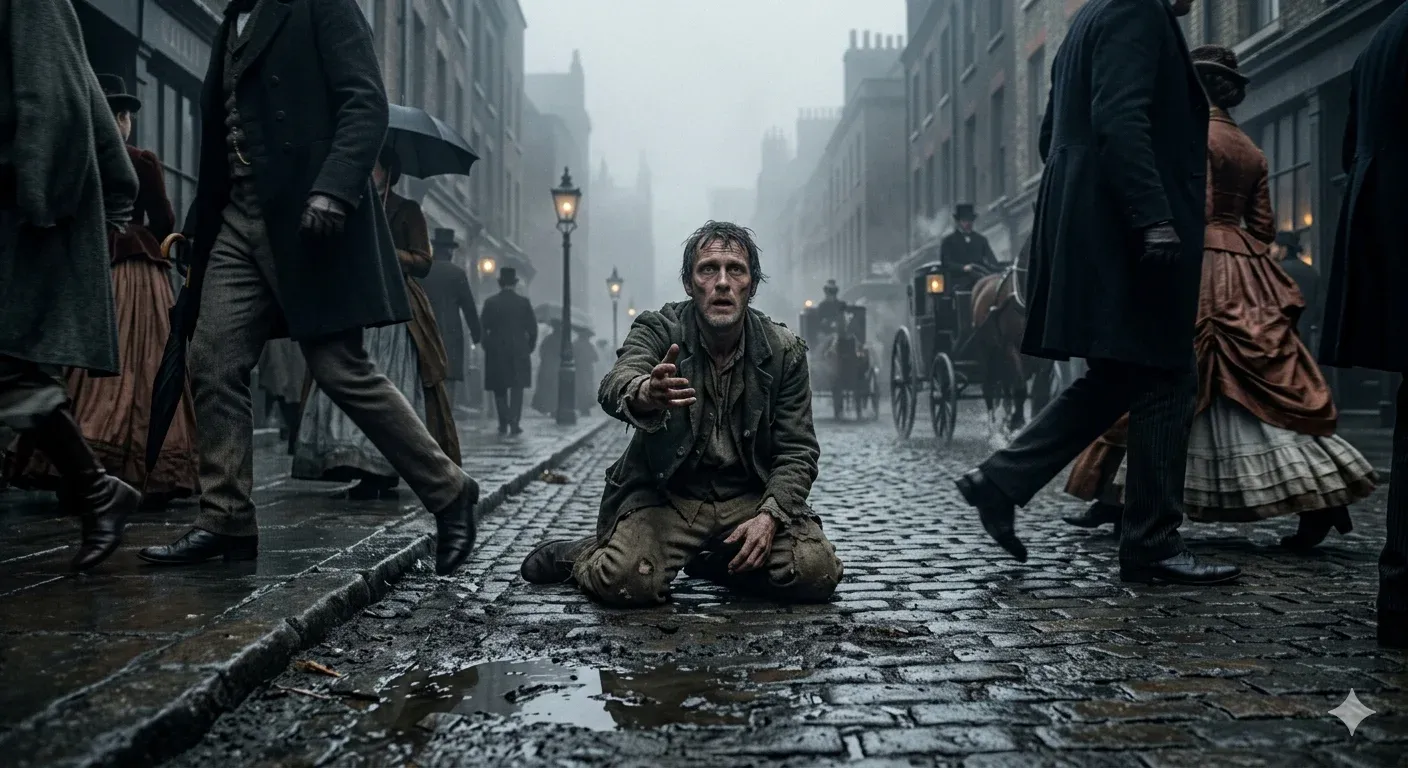 Dickensian Victorian street scene - a desperate gaunt man in a tattered coat kneels on wet cobblestones in pouring rain, top-hatted gentlemen and ladies with umbrellas and horse-drawn carriages passing by