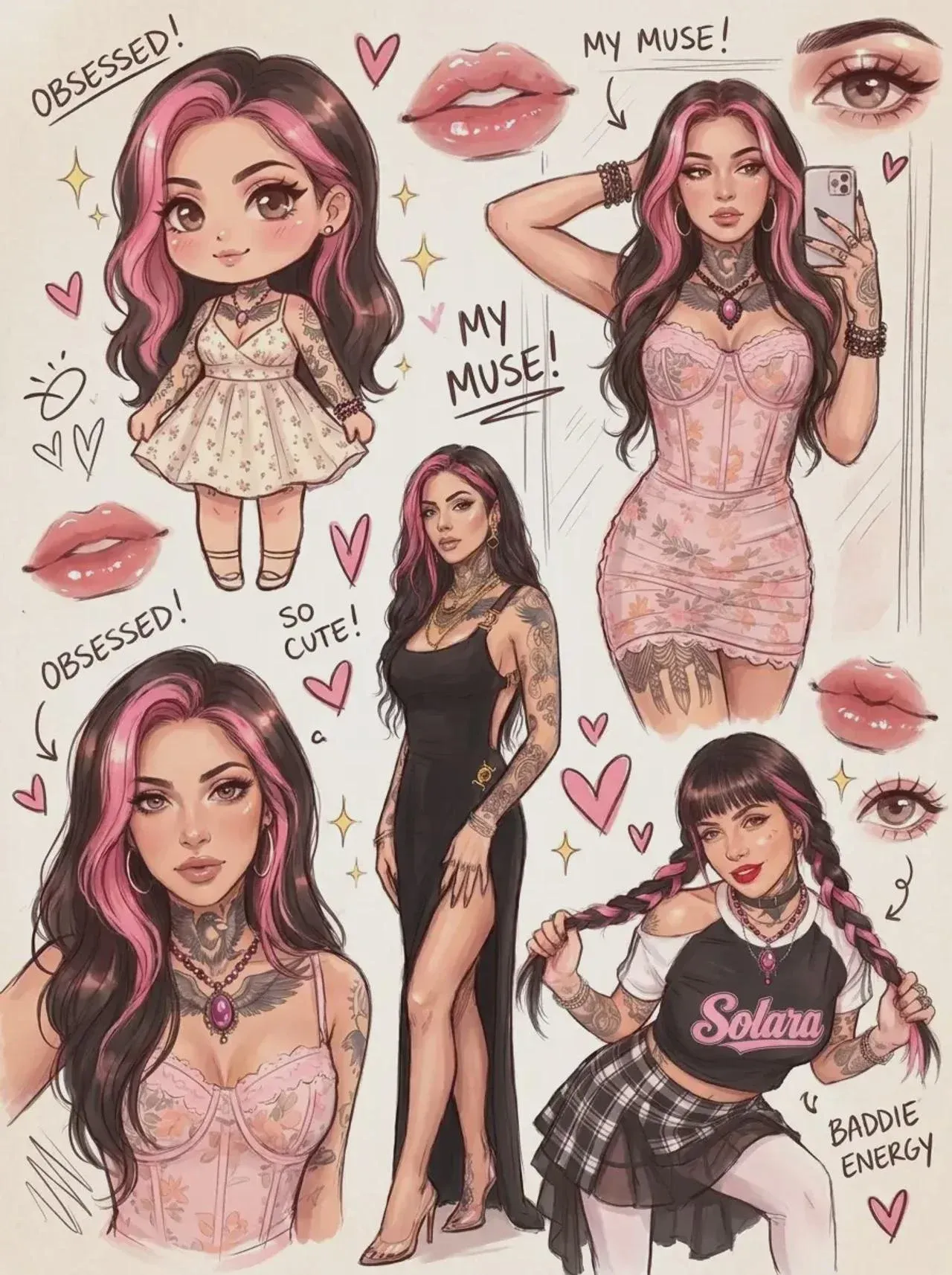 Polaroid collage of an AI character in vintage pink floral dresses, viral influencer style across multiple framed snapshots