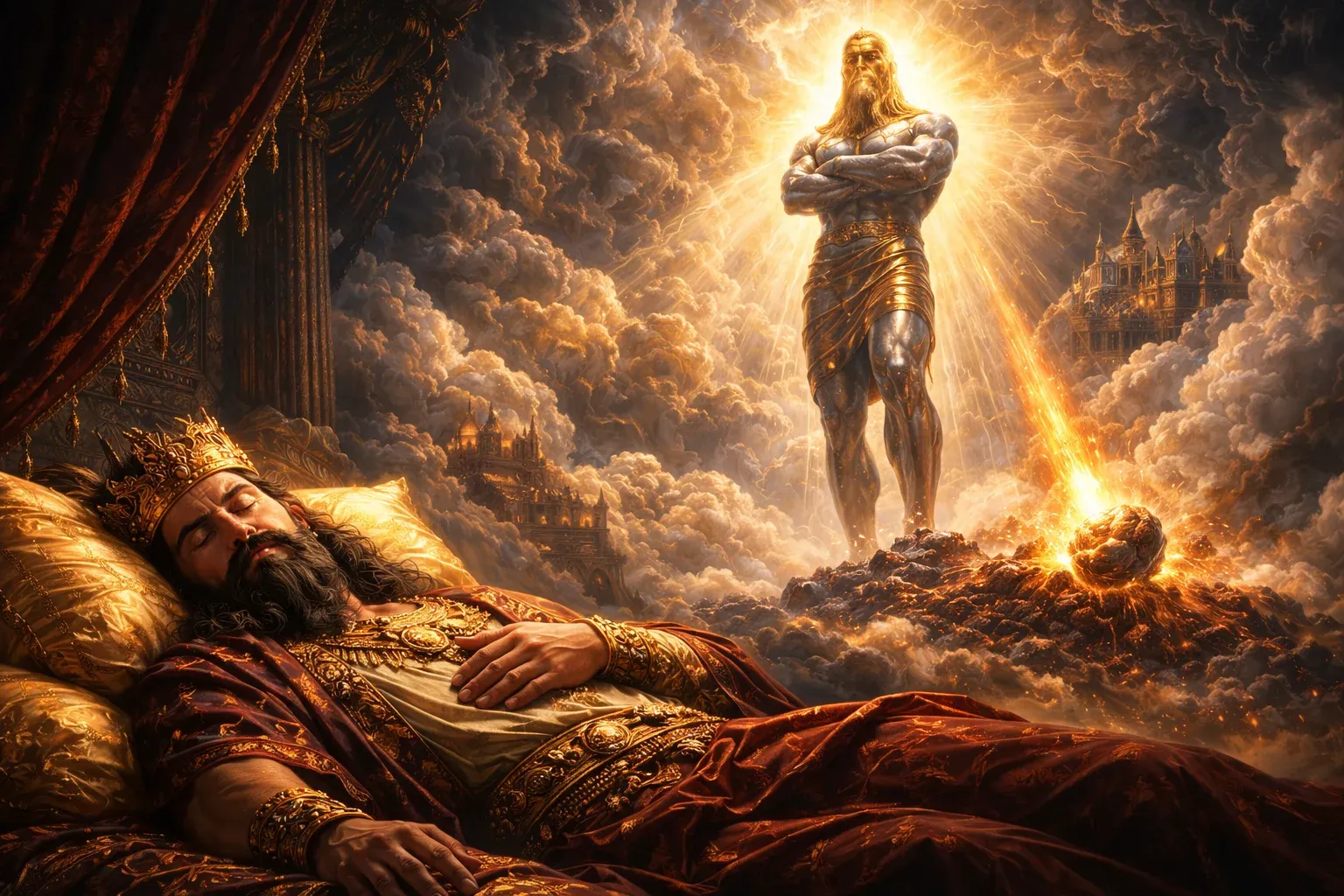 Religious fantasy painting of a crowned bearded king sleeping in a red velvet bed in clouds beside a glowing golden god-like statue with rays of light descending toward earth and a distant castle