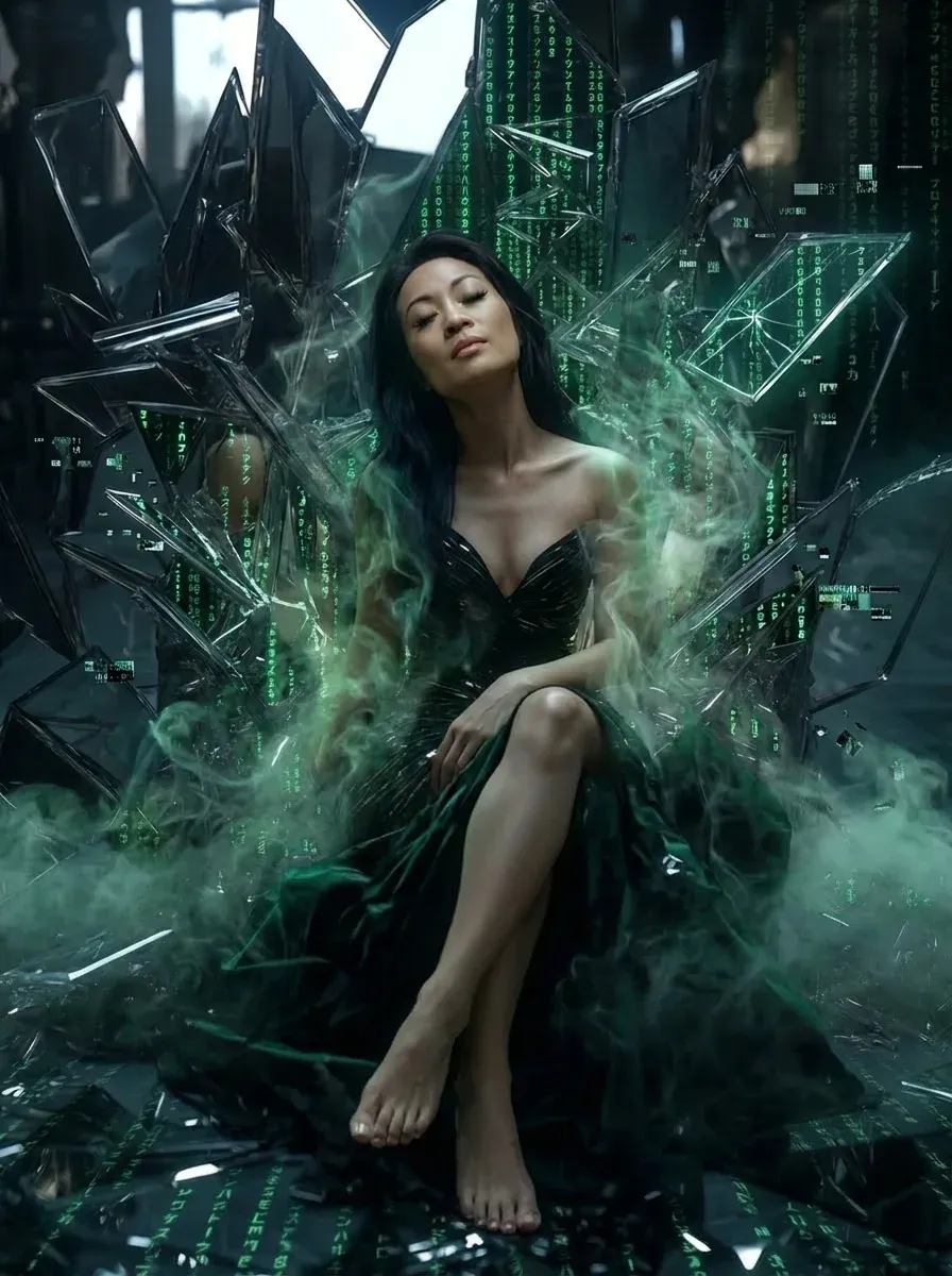 Stylised AI portrait of a barefoot Asian woman in a black silk dress sitting amid shattered mirror shards while green Matrix-style code rains down through wisps of green smoke