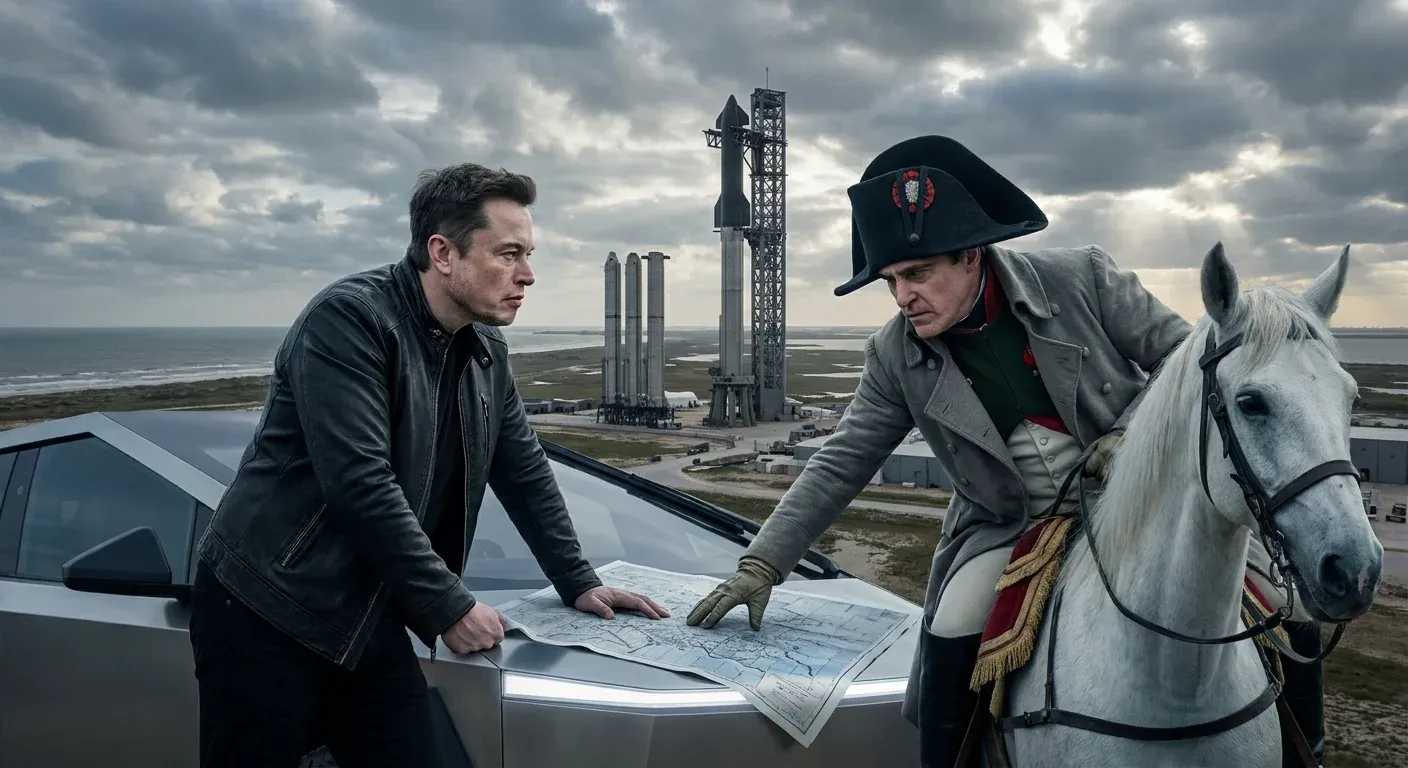 Photoreal Elon Musk leaning over a Cybertruck bonnet examining battle maps with Napoleon Bonaparte on horseback beside him, SpaceX Starship rockets towering in the cloudy distance