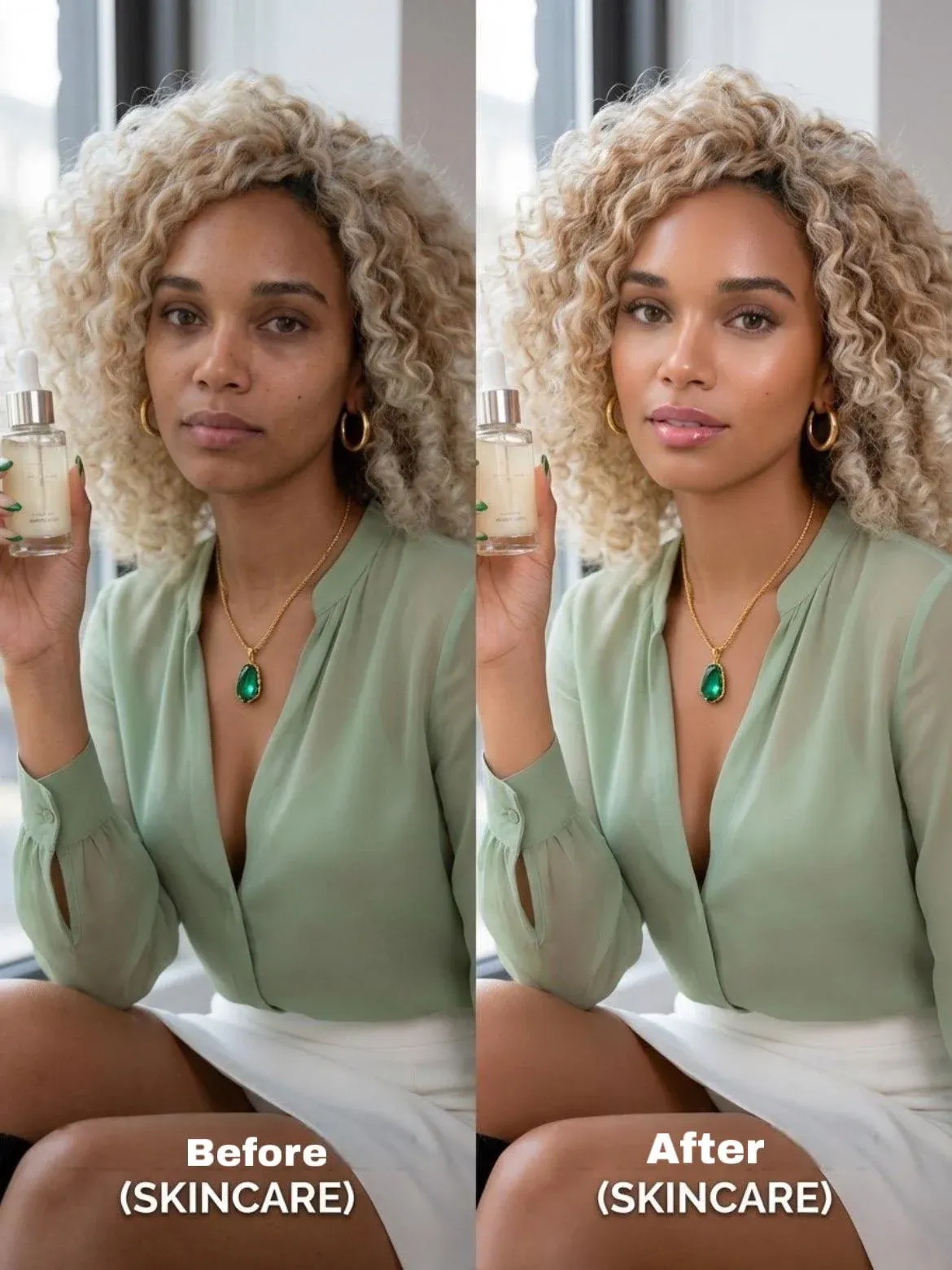 Skincare Before and After advert split - the same Black model with curly blonde hair holding a serum dropper, the left half showing uneven blemished skin and the right half showing glowing clear skin with emerald necklace