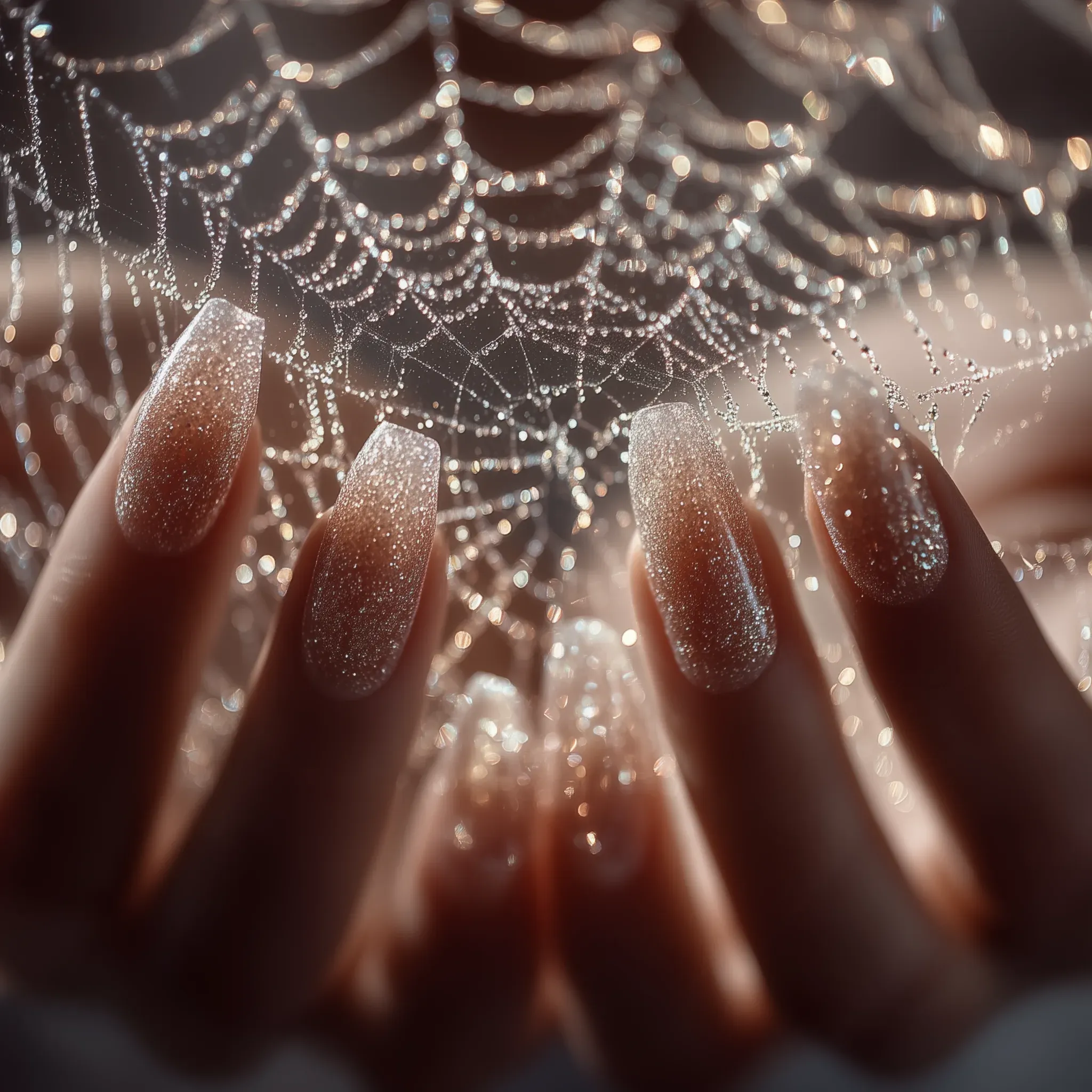 Macro close-up of long glittery nude nails behind a delicate dewy spiderweb glistening with morning droplets, warm soft bokeh background