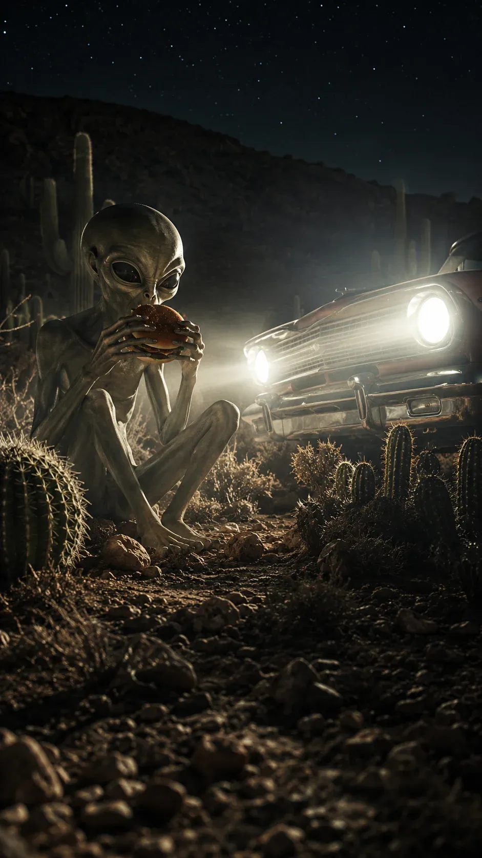 AI-generated cinematic scene of a grey alien eating a burger crouched in a moonlit desert beside a vintage car with headlights on, surrounded by towering saguaro cacti
