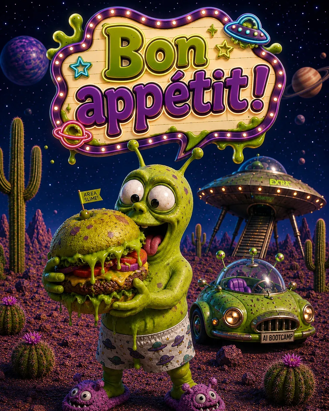 AI image submission by Alaba Owotuyi for Day 1 of the Emoji Challenge - alien, burger, cactus, car