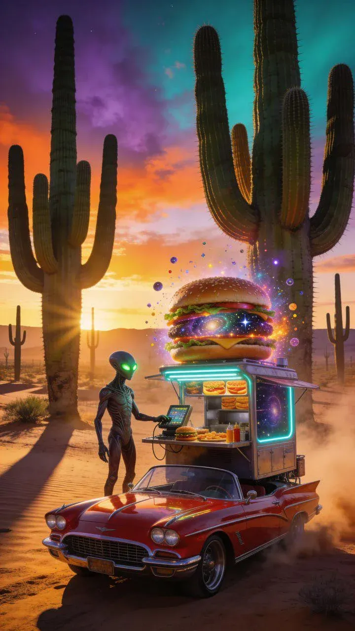 AI image submission by Appolos Lungameni for Day 1 - alien, burger, cactus, car
