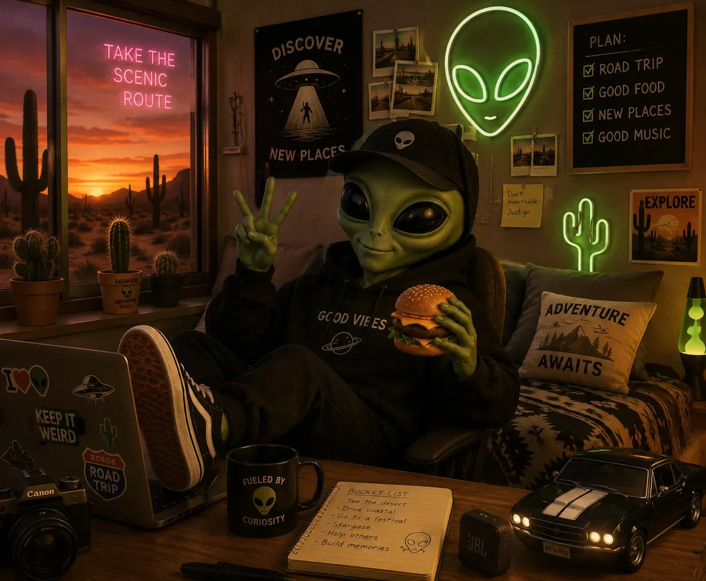 AI image submission by Donnie Hoover for Day 1 - alien, burger, cactus, car