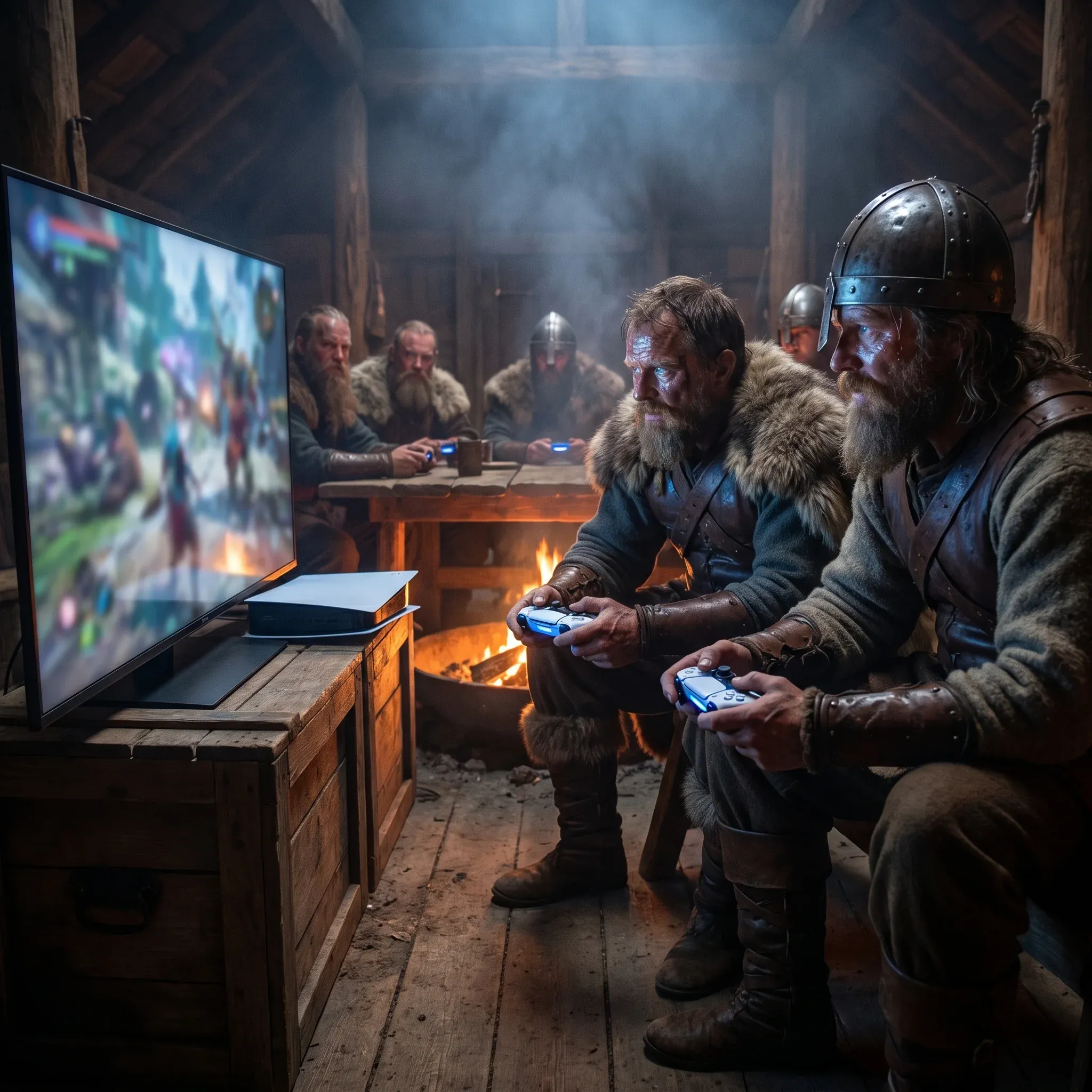 Group of vikings in fur cloaks and chainmail helmets sitting on wooden benches playing PlayStation controllers in front of a flat-screen TV inside a candlelit longhouse with a fire pit