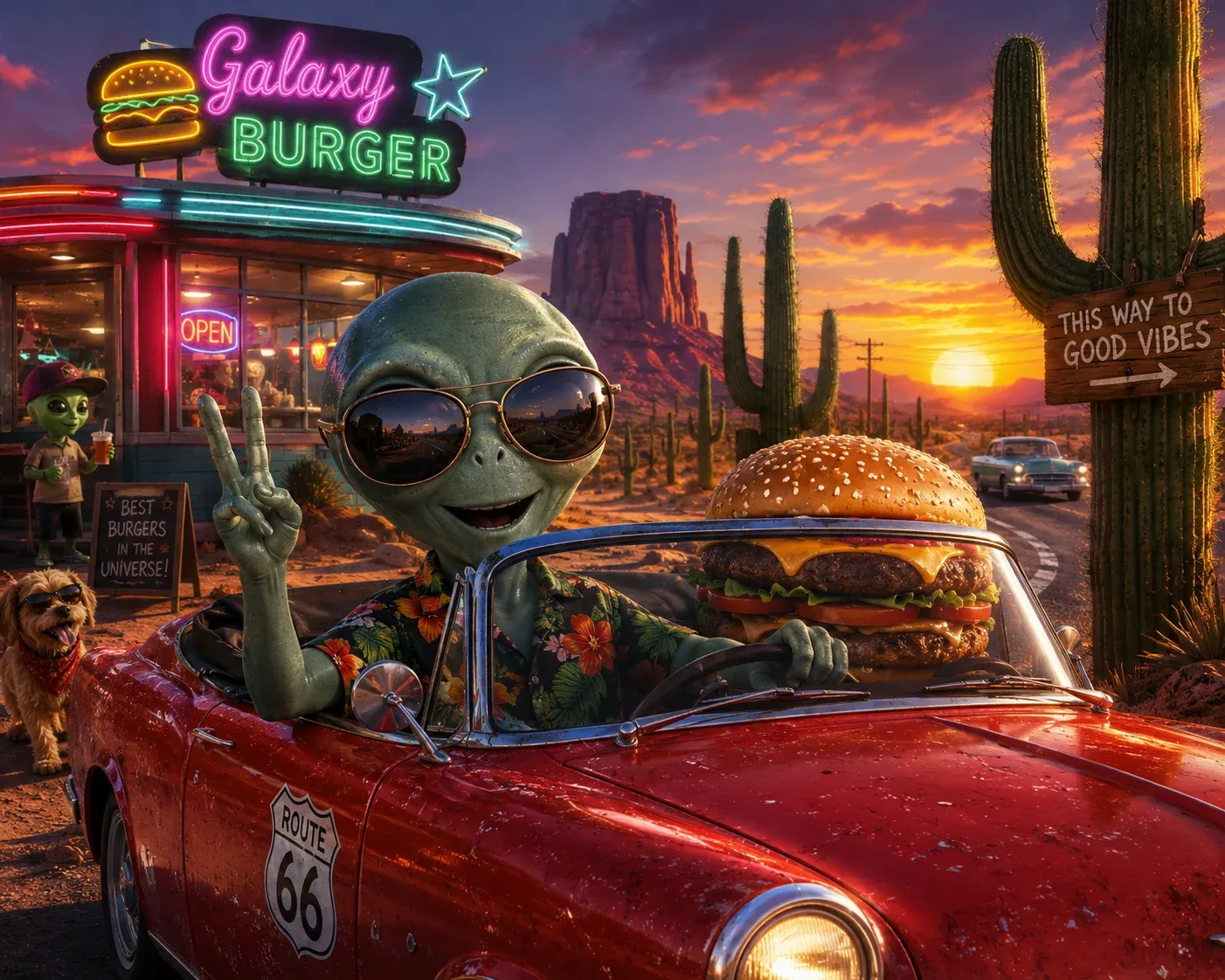AI image submission by Gabriela Gia for Day 1 - alien, burger, cactus, car
