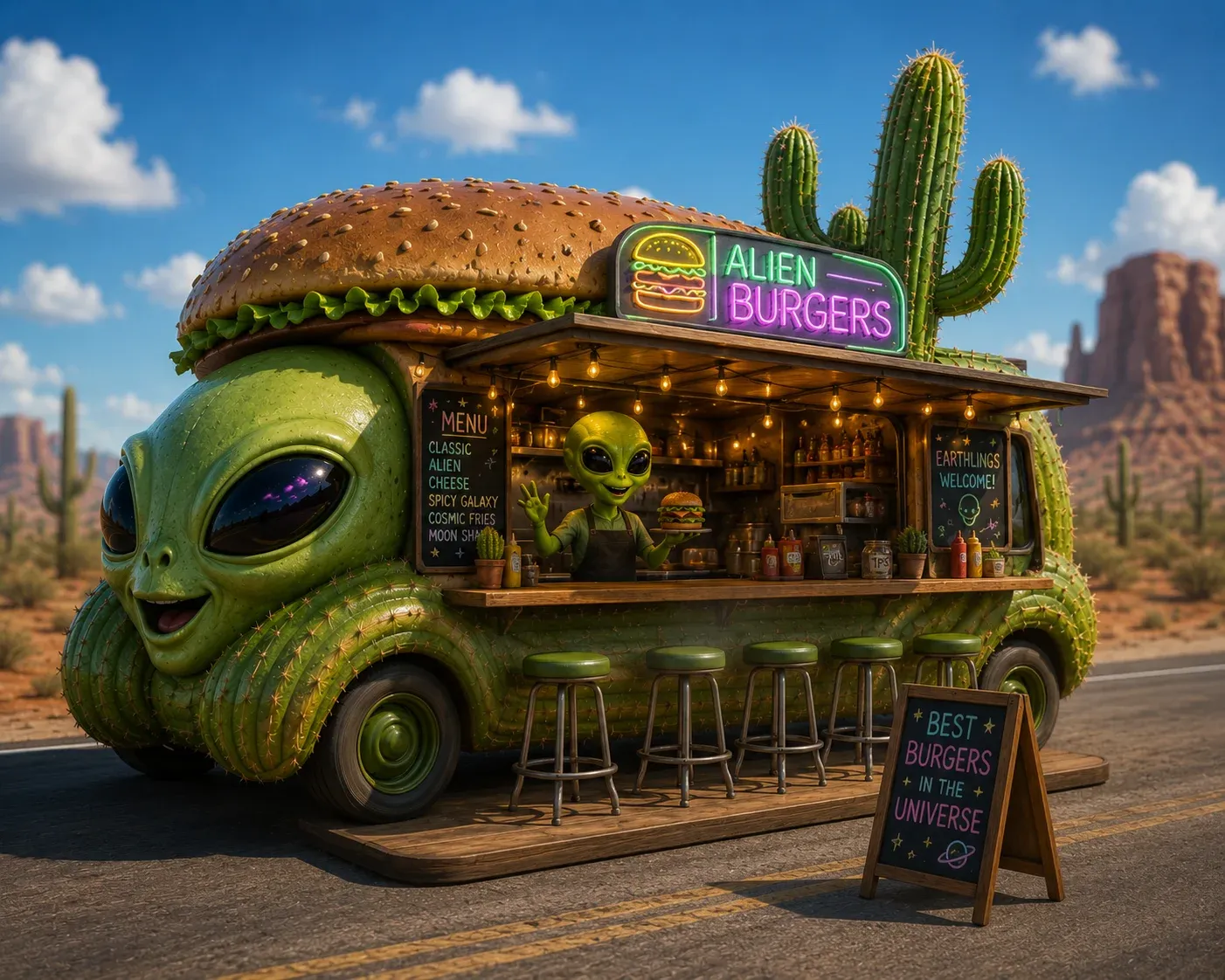 AI image submission by Guido Nanlohy for Day 1 - alien, burger, cactus, car