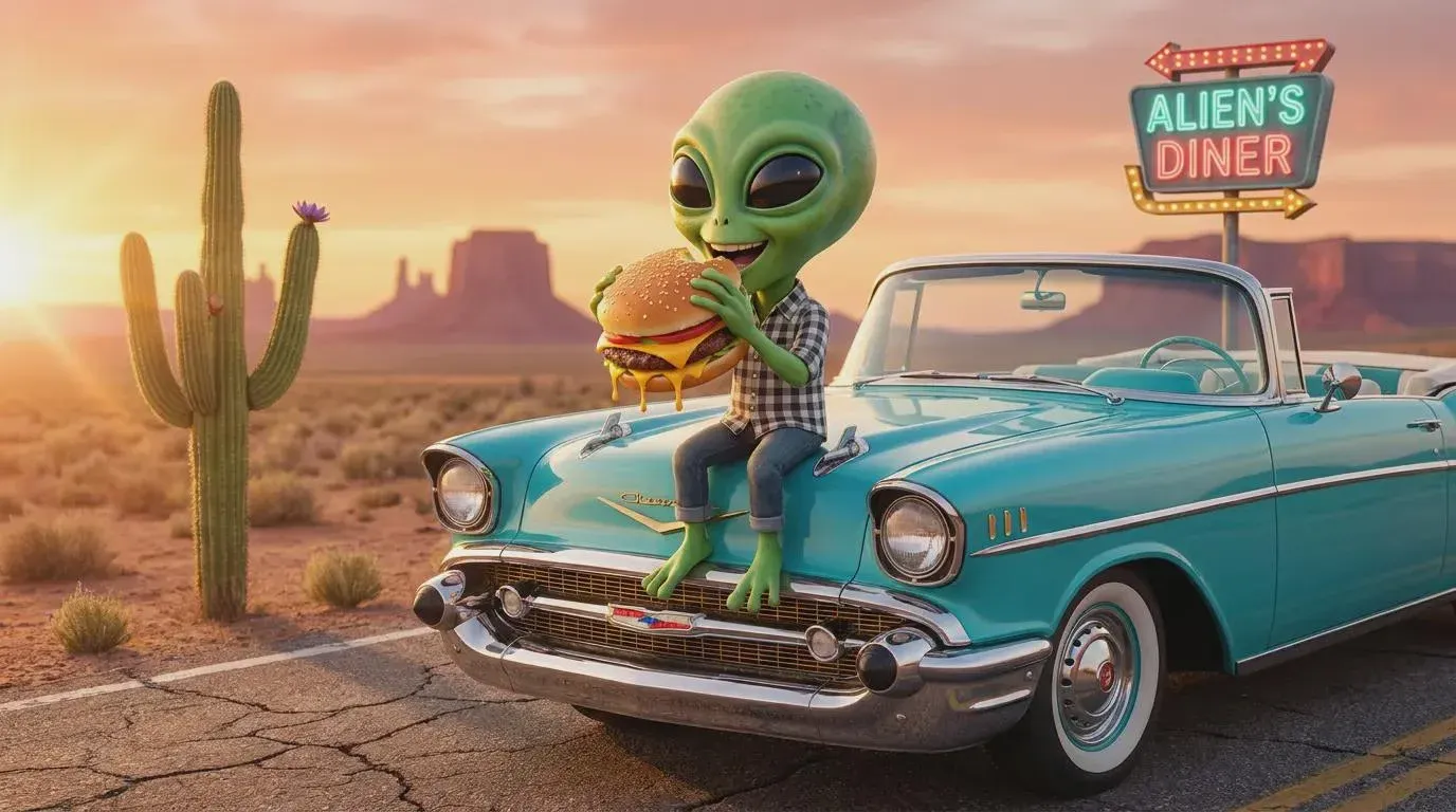AI image submission by Imran Makani for Day 1 - alien, burger, cactus, car