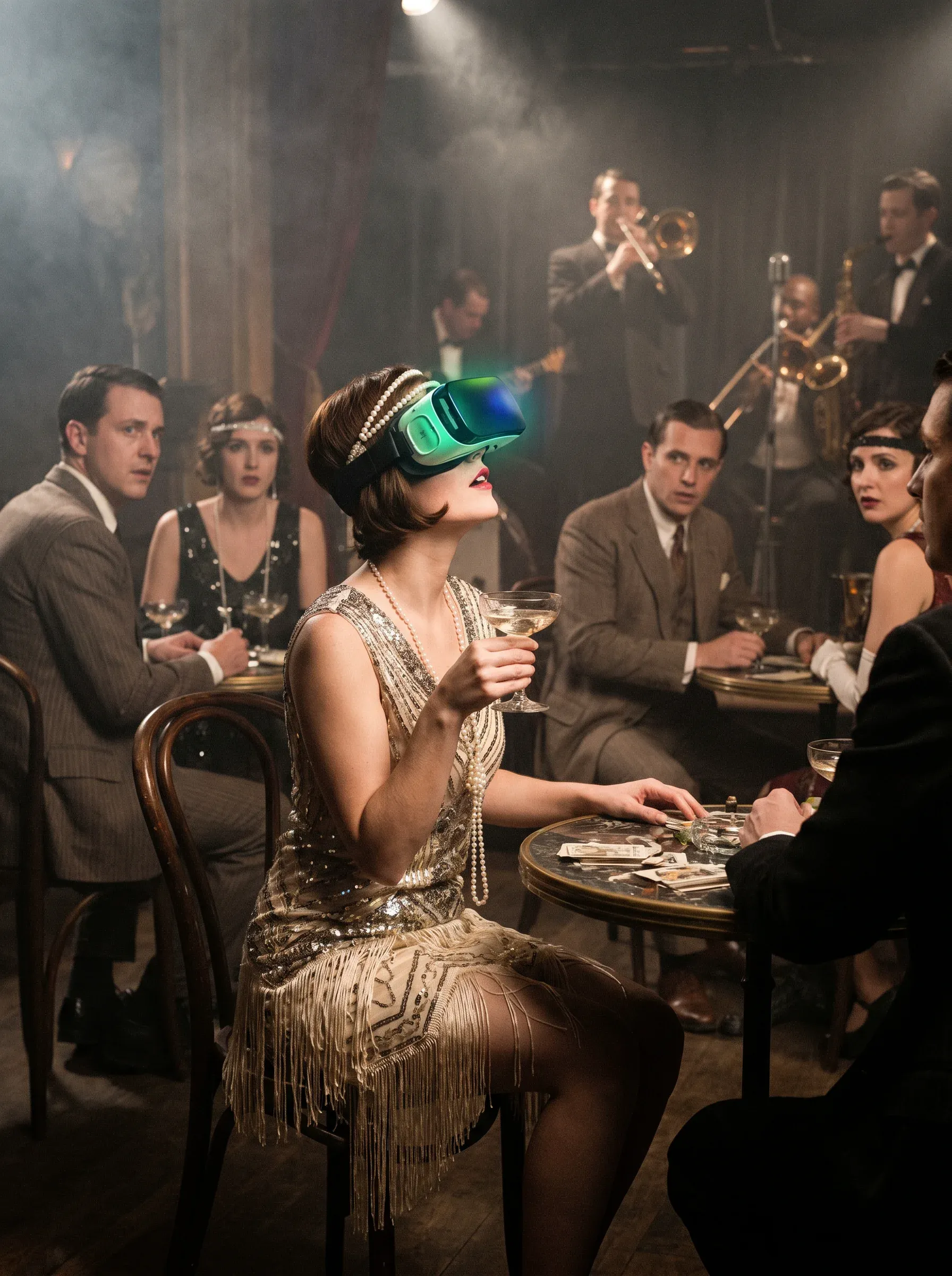 Flapper woman in a beaded gold dress and pearls wearing a glowing modern VR headset at a 1920s jazz club, brass musicians and stunned tuxedoed patrons watching in the smoky background