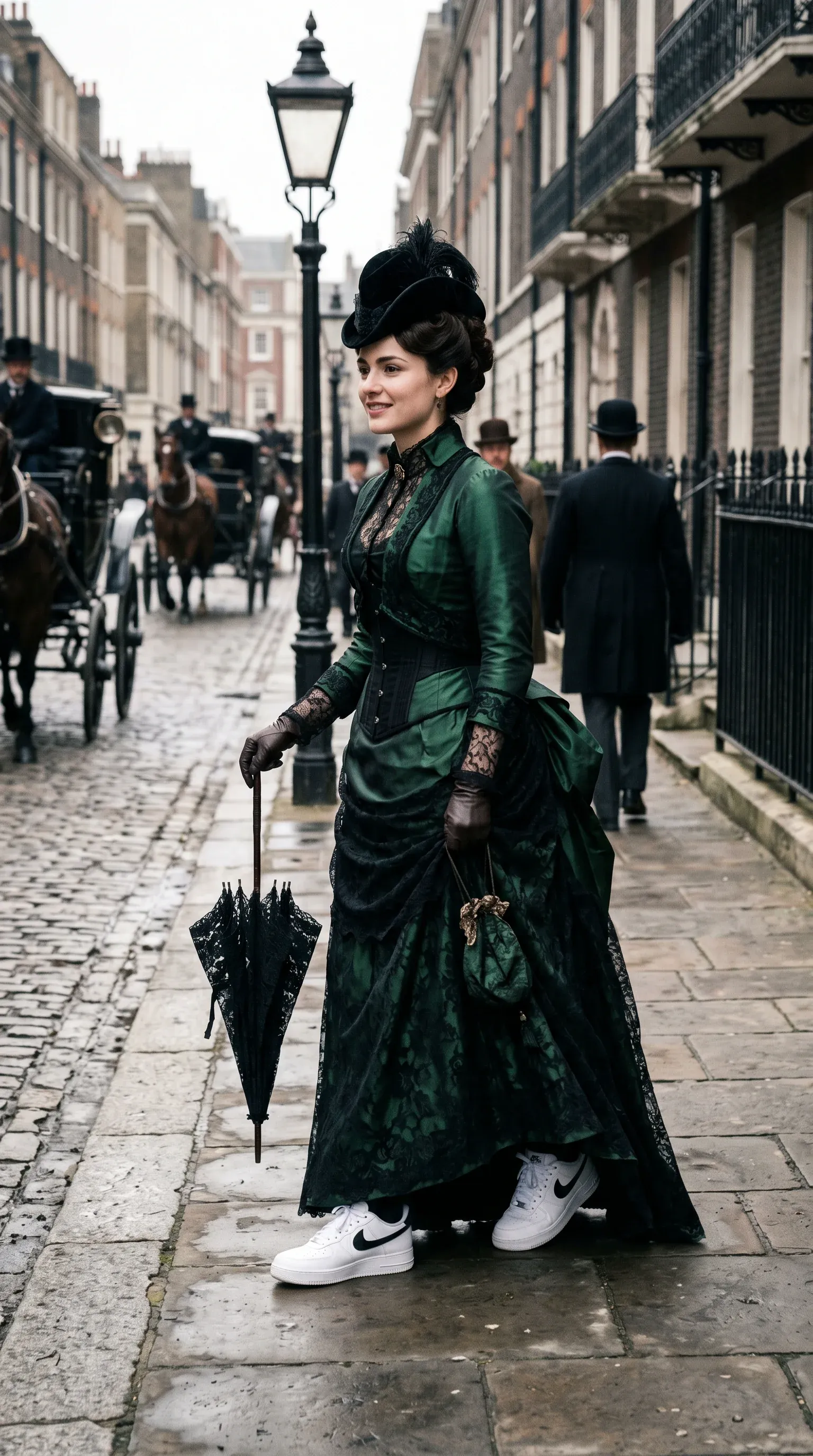 Victorian woman in a dark green lace dress and feathered bonnet on a London cobblestone street, carrying a black umbrella and wearing bright white Nike Air Force 1 sneakers