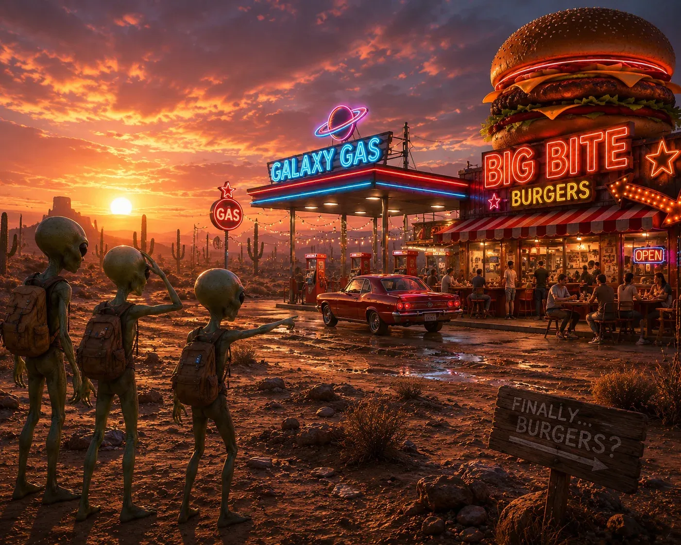 AI image submission by Okega Sade for Day 1 - alien, burger, cactus, car