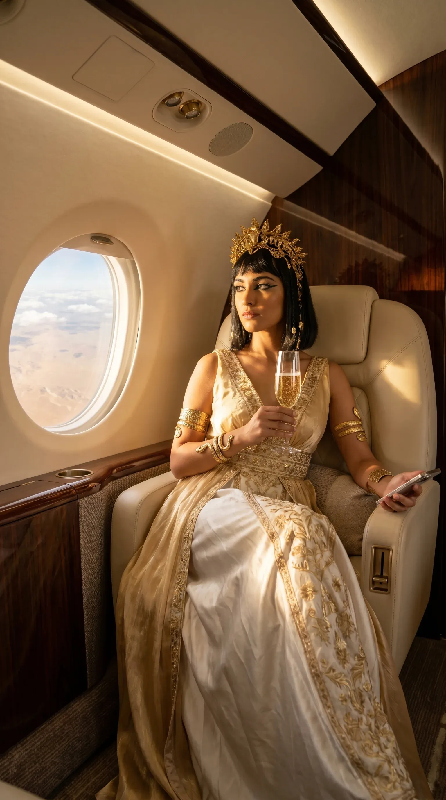 Cleopatra in a gold pharaonic headdress and white embroidered gown sipping champagne in a luxury private jet cabin, holding a smartphone with desert visible through the oval window