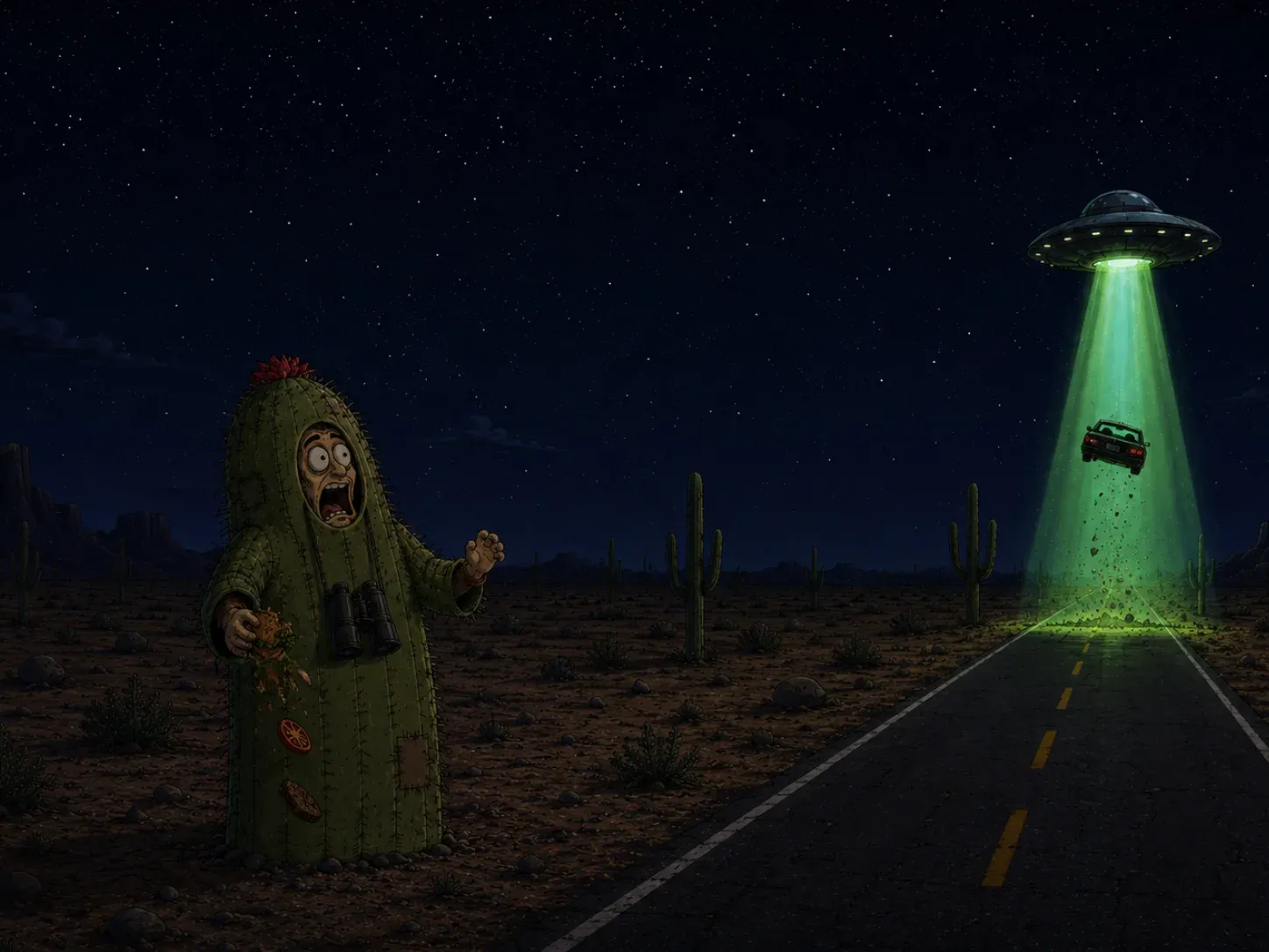 AI image submission by Sebastian Patino for Day 1 - alien stakeout near Area 51 with a costumed driver