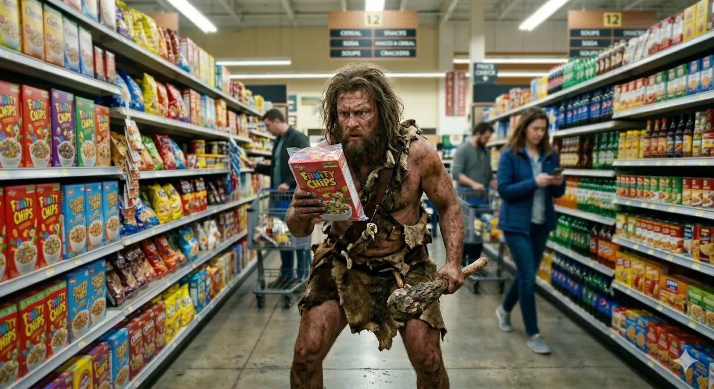 Bearded muddy caveman in animal-skin loincloth holding a Fruity Pebbles cereal box in a brightly lit modern supermarket aisle, confused shoppers and stocked shelves behind him