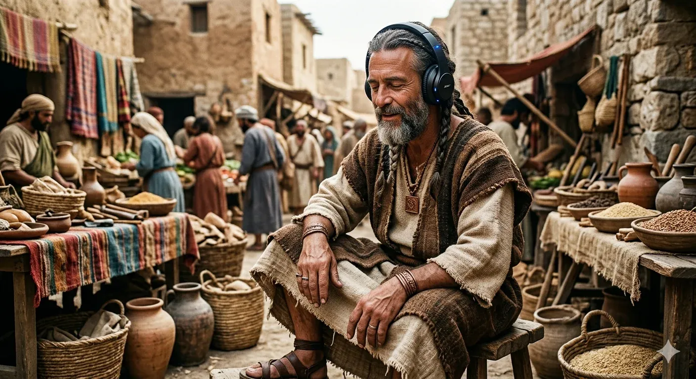 Bedouin man in earth-toned traditional Arabic robes wearing modern blue Bluetooth over-ear headphones, sitting in an ancient stone marketplace lined with pottery and woven baskets