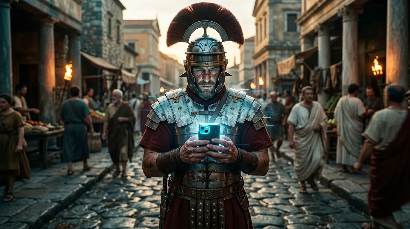 Roman legionary in red-plumed helmet and silver chest armour staring at a glowing iPhone with both hands on a cobblestone Roman street, togaed citizens and market stalls behind him