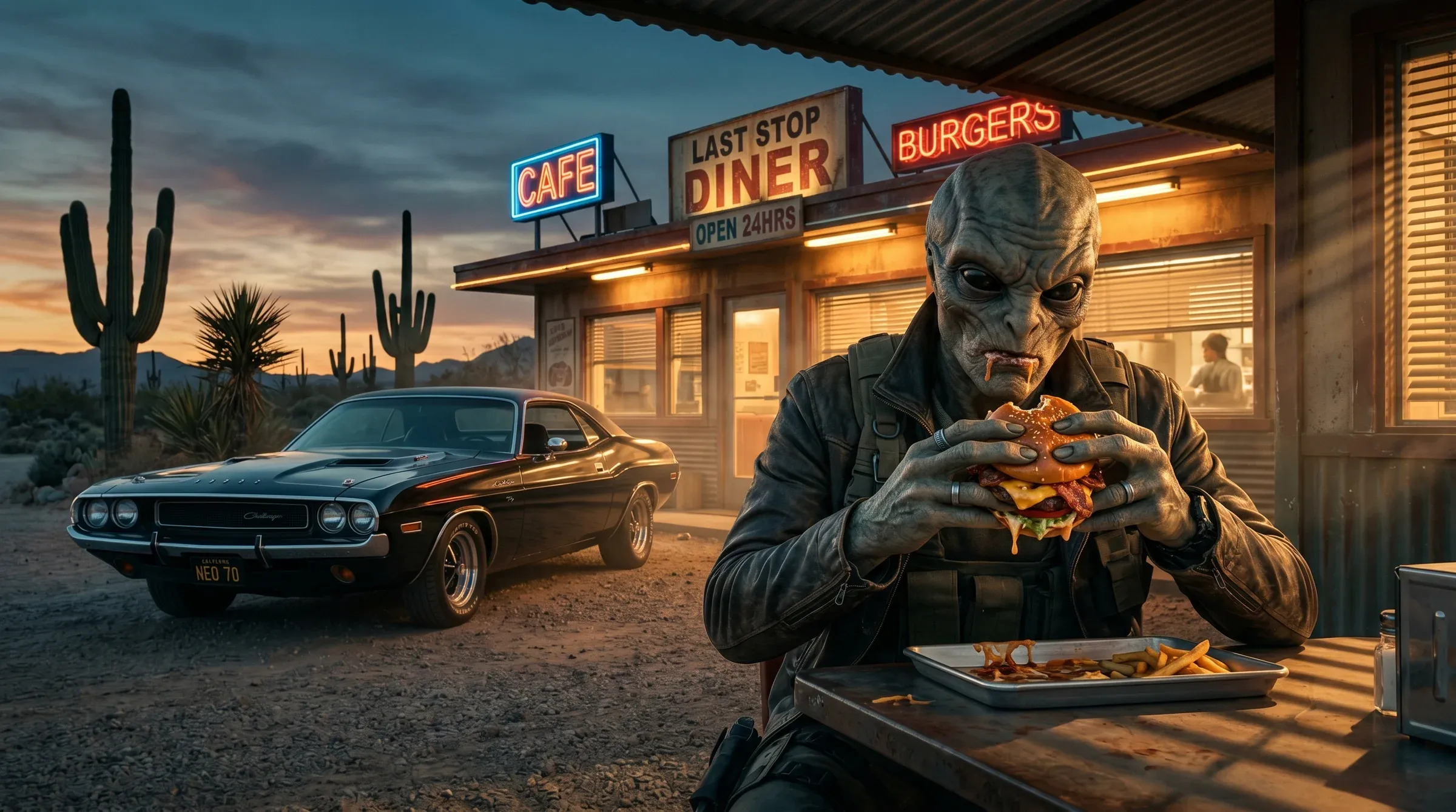 AI image submission by Tim Tucker for Day 1 - alien, burger, cactus, car