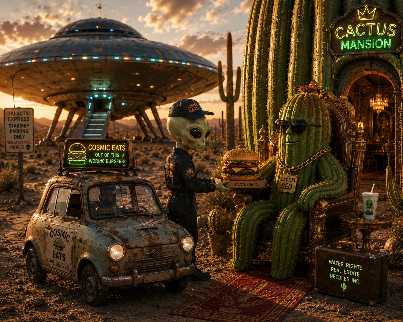 AI image submission by Wasila Bundhoo for Day 1 - alien, burger, cactus, car
