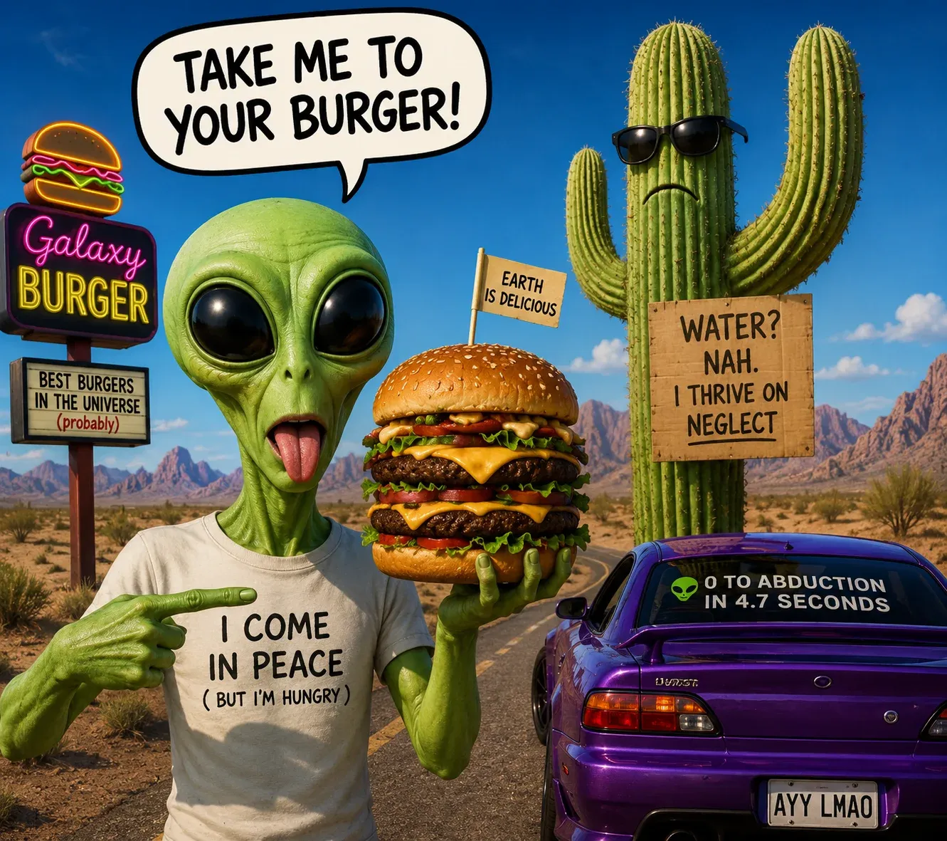 AI-generated comic-style image of a grey alien holding a giant cheeseburger beside a Galaxy Burger neon sign, a sunglasses-wearing cactus, and a purple sports car with 0 to abduction in 4.7 seconds decal