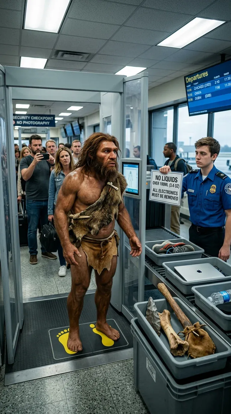 Hairy caveman in an animal-fur loincloth standing inside a modern TSA airport security scanner with bone tools and stone weapons in the grey tray, officer in blue uniform beside him
