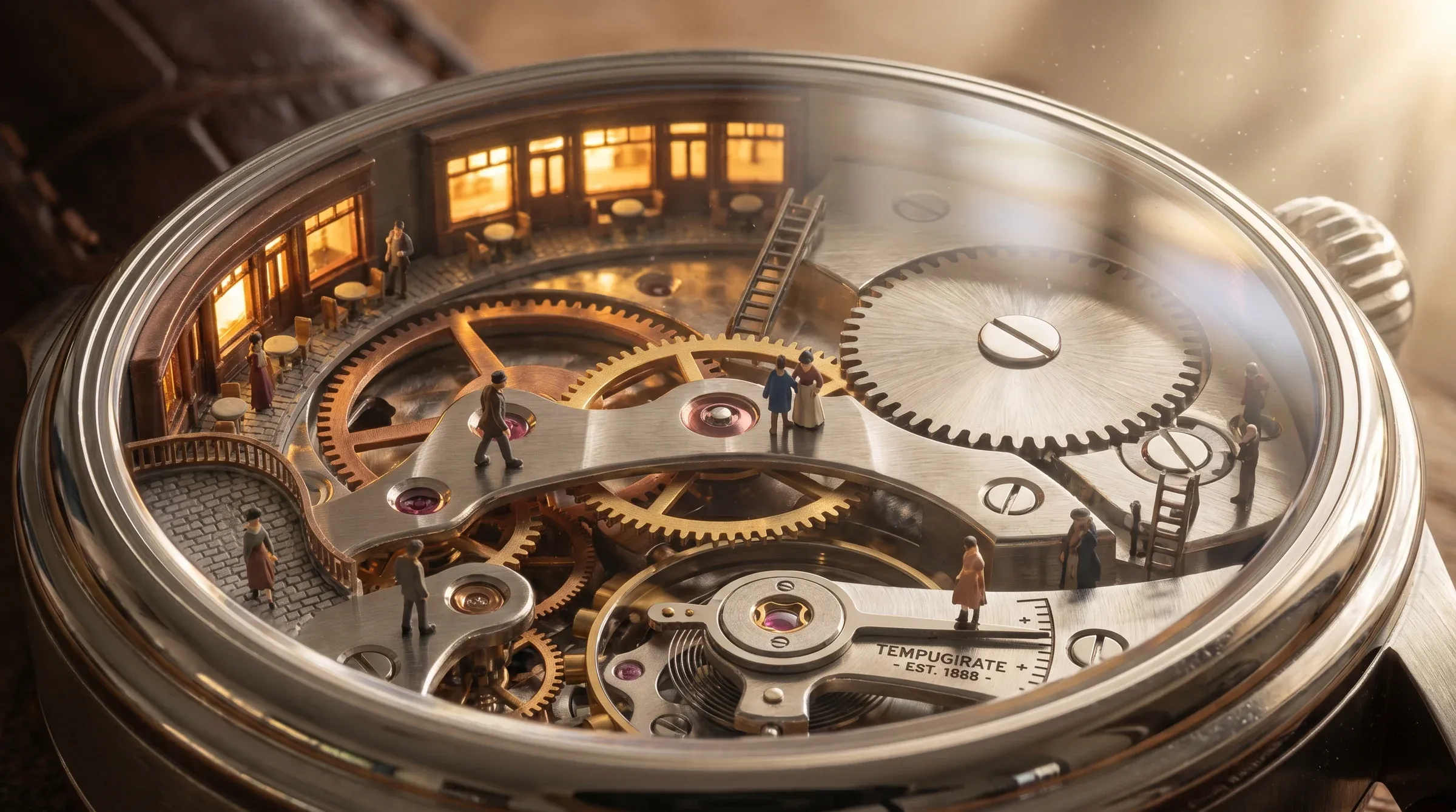 Open mechanical wristwatch interior with tiny commuters walking across the gears in front of a glowing city skyline visible through the watch face, brown leather strap, engraved Tempugrate Est 1982