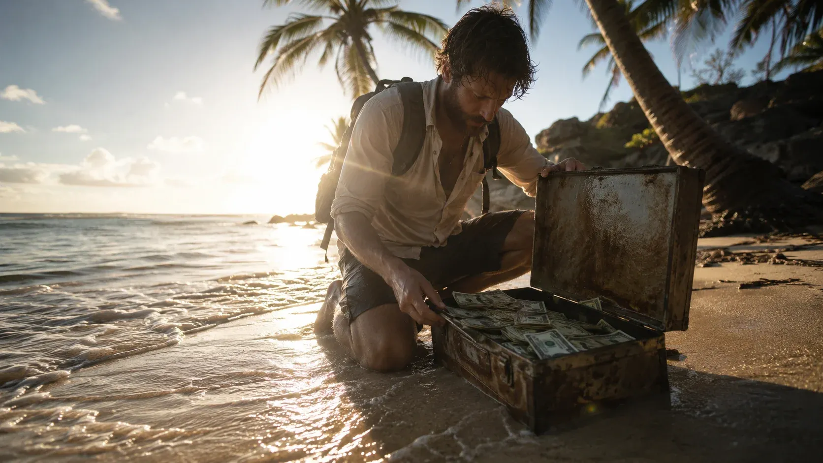 AI image submission by Aya Serag for Day 2 combining water, money, palm, and sun