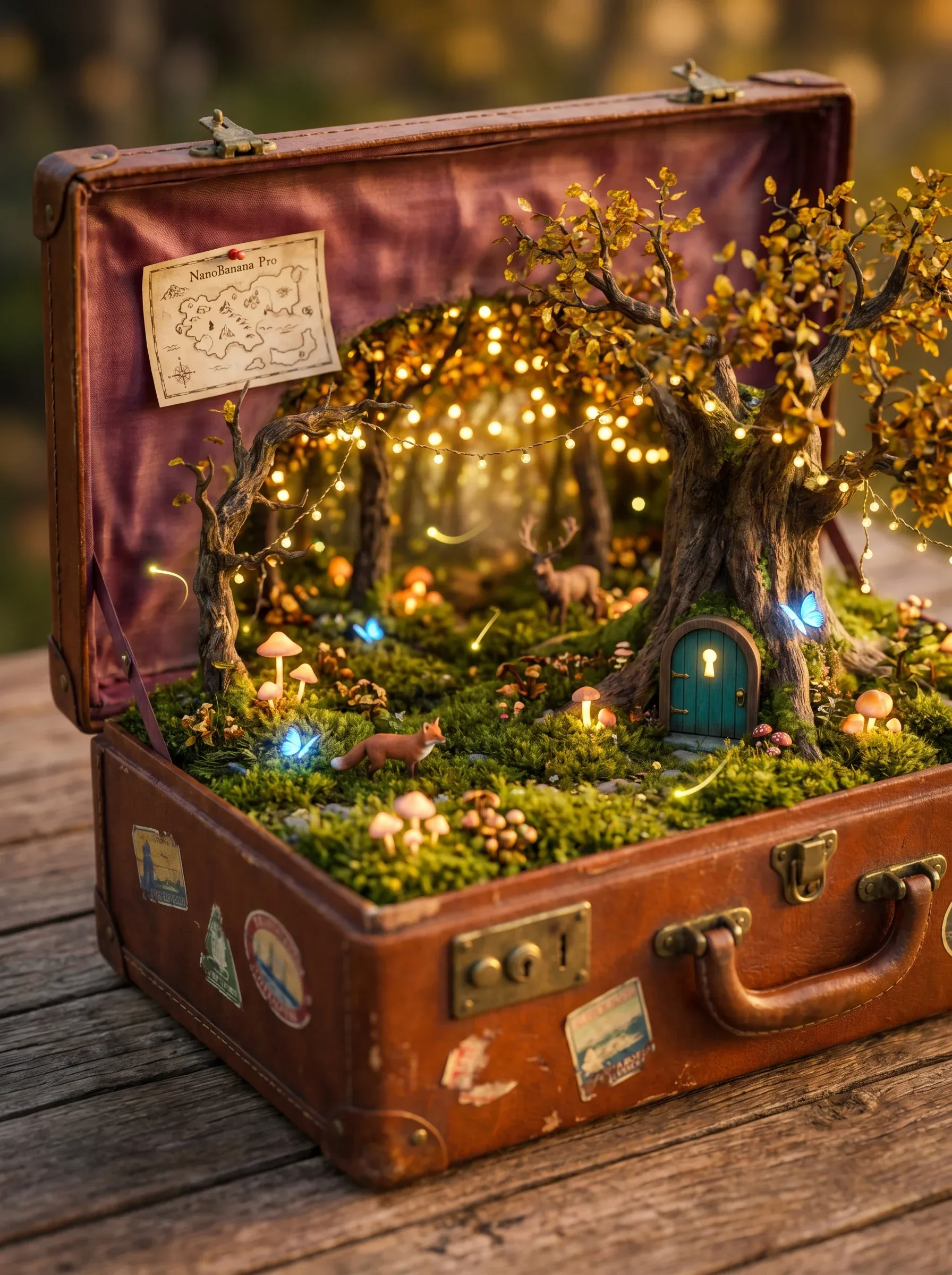 Open vintage leather suitcase containing a glowing miniature enchanted forest with fairy lights strung between tiny trees, mushroom houses, a wooden door, fox and deer figurines on moss